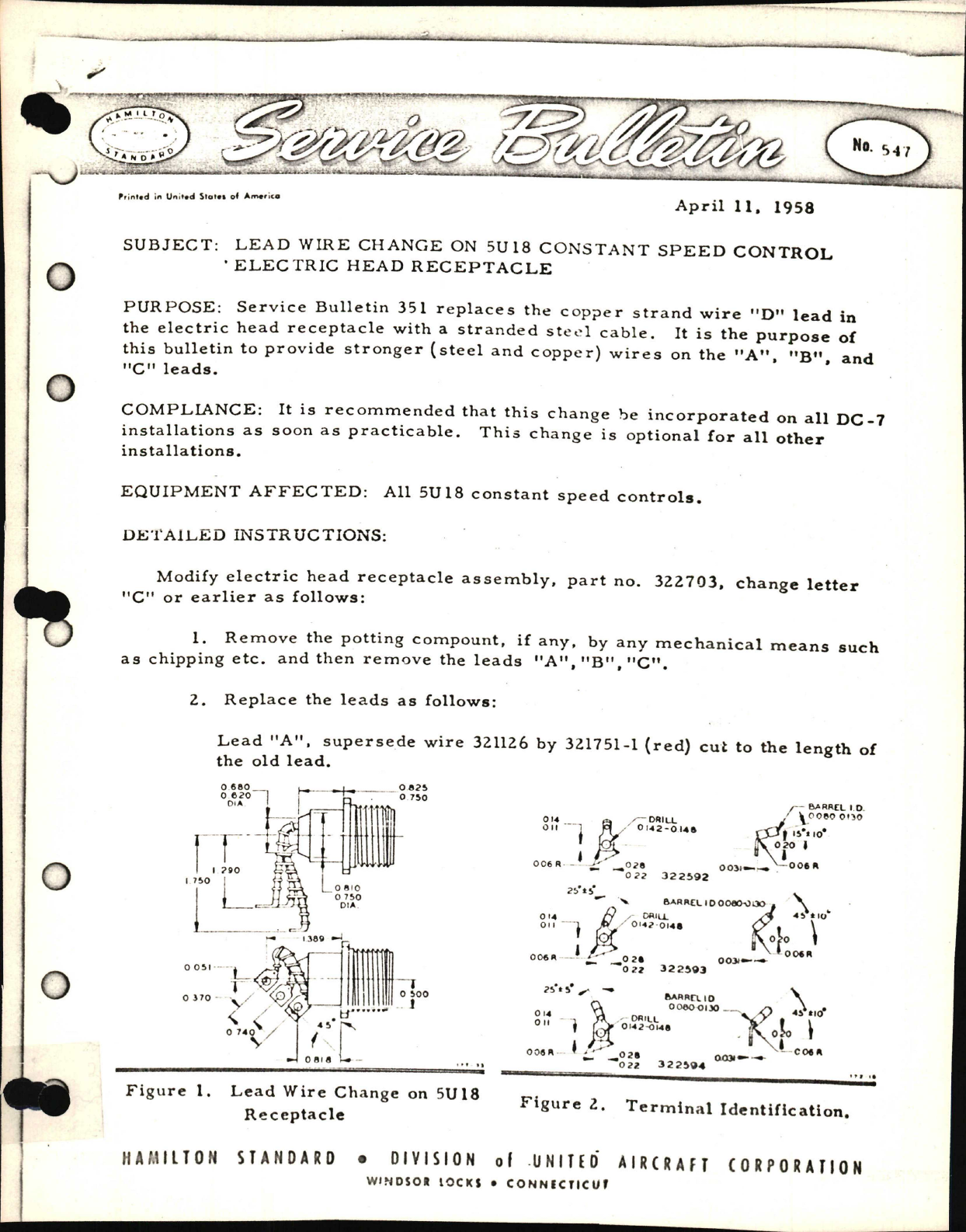 Sample page 1 from AirCorps Library document: Lead Wire Change on 5U18 Constant Speed  Control Electric Head Receptacle 