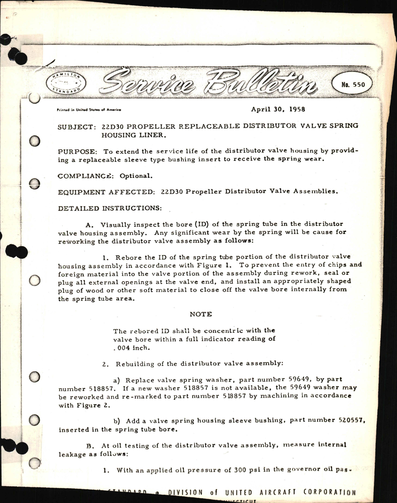 Sample page 1 from AirCorps Library document: 22D30 Propeller Replaceable Distributor Valve Spring Housing Liner