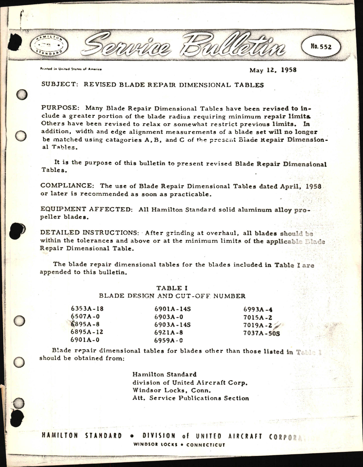 Sample page 1 from AirCorps Library document: Revised Blade Repair Dimensional Tables