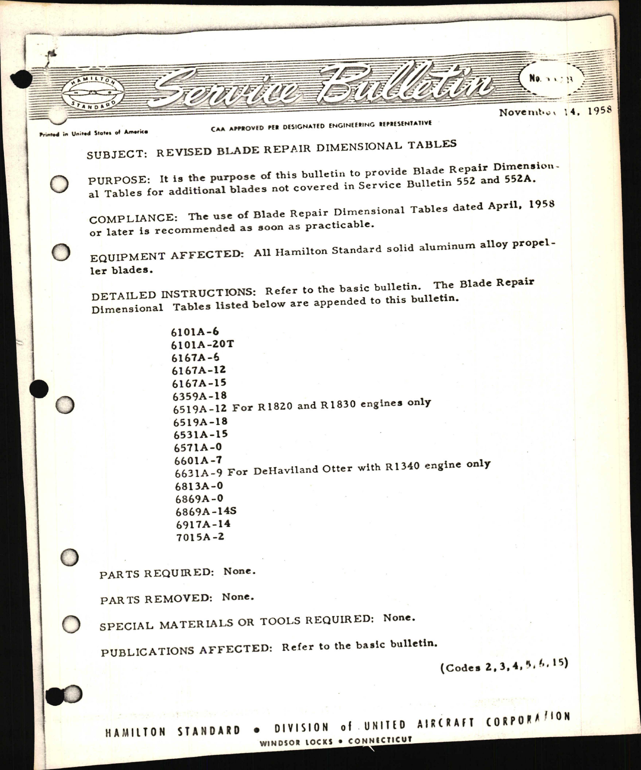 Sample page 1 from AirCorps Library document: Revised Blade Repair Dimensional Tables
