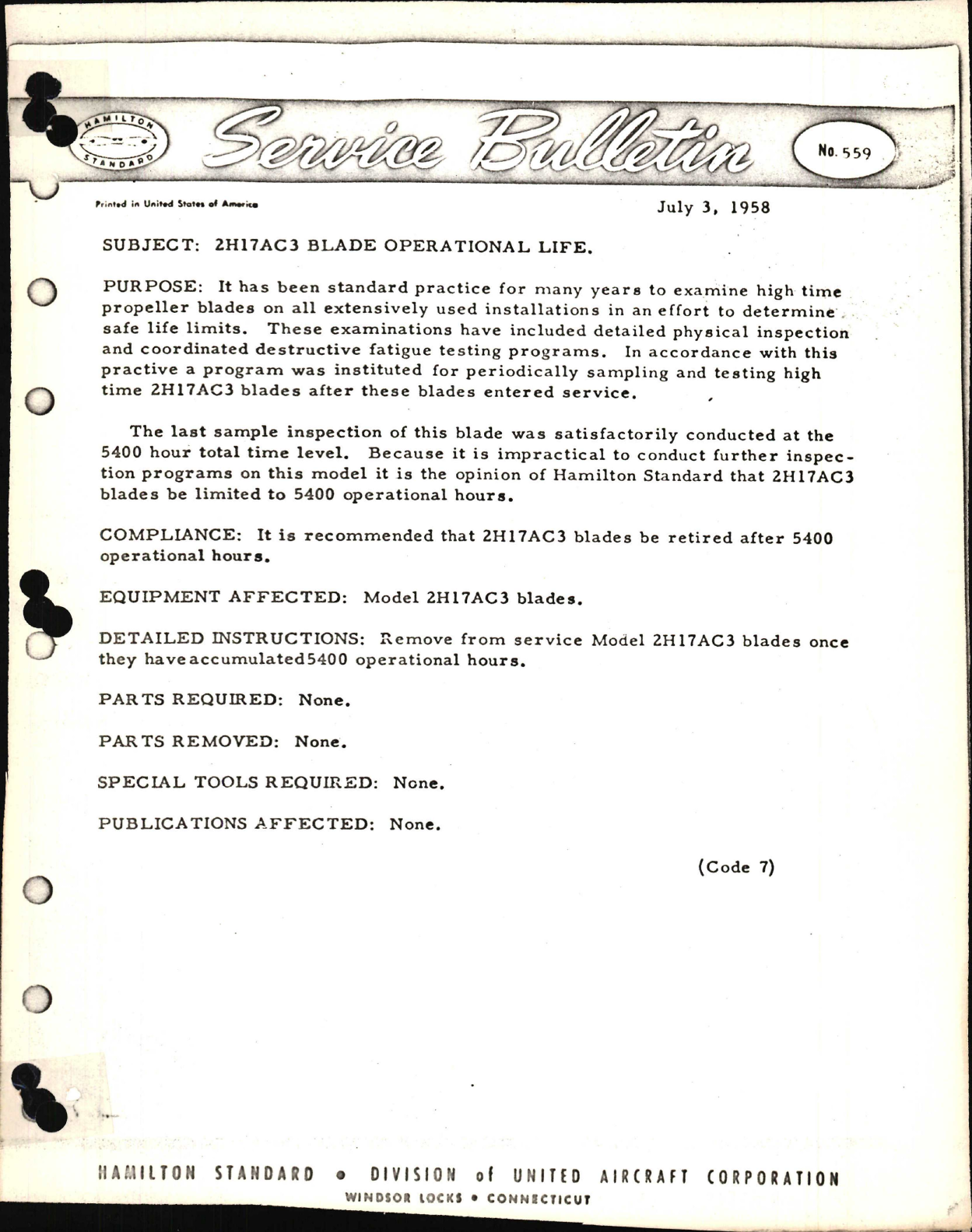 Sample page 1 from AirCorps Library document: 2H17AC3 Blade Operational Life