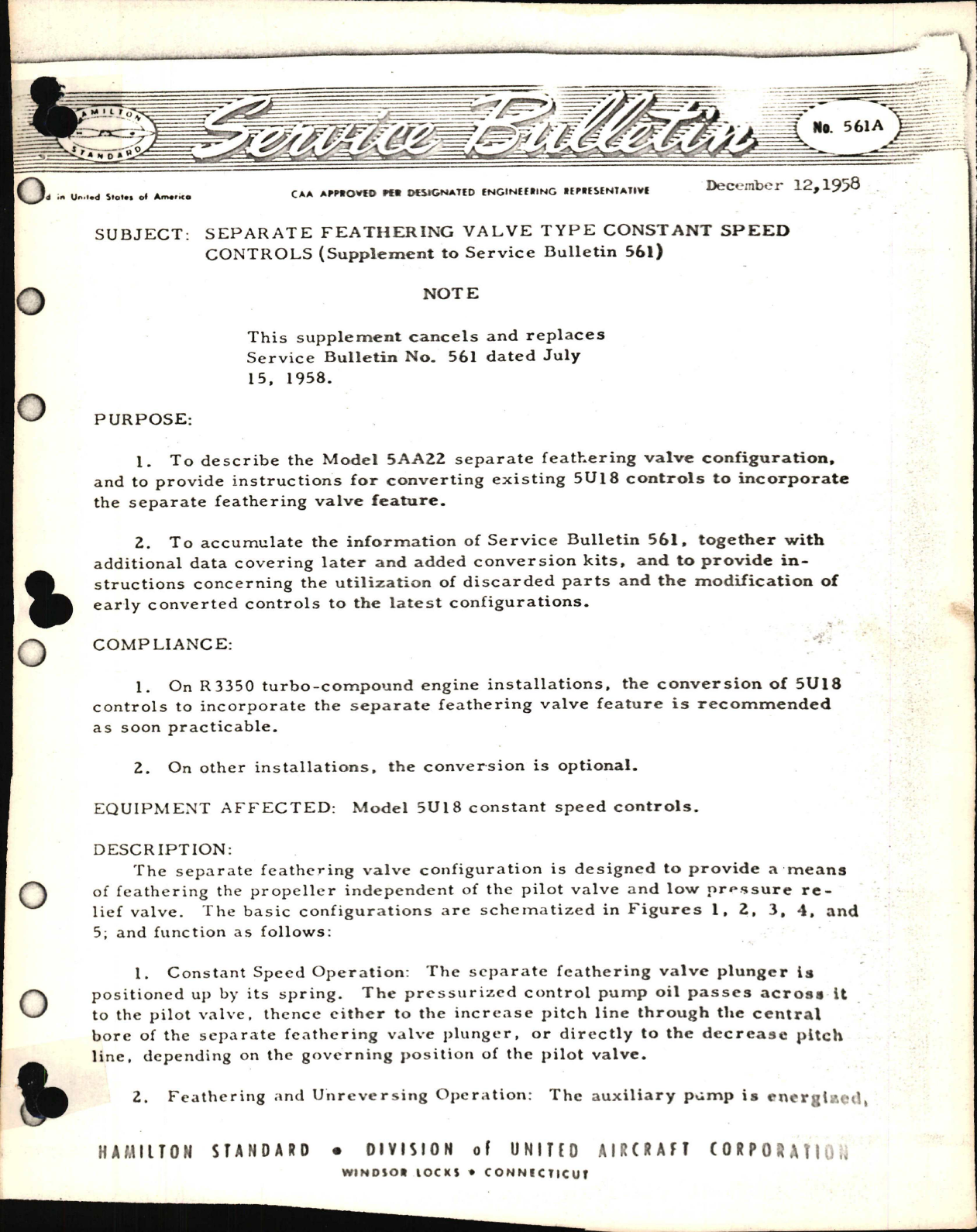 Sample page 1 from AirCorps Library document: Separate Feathering Valve Type Constant Speed Controls