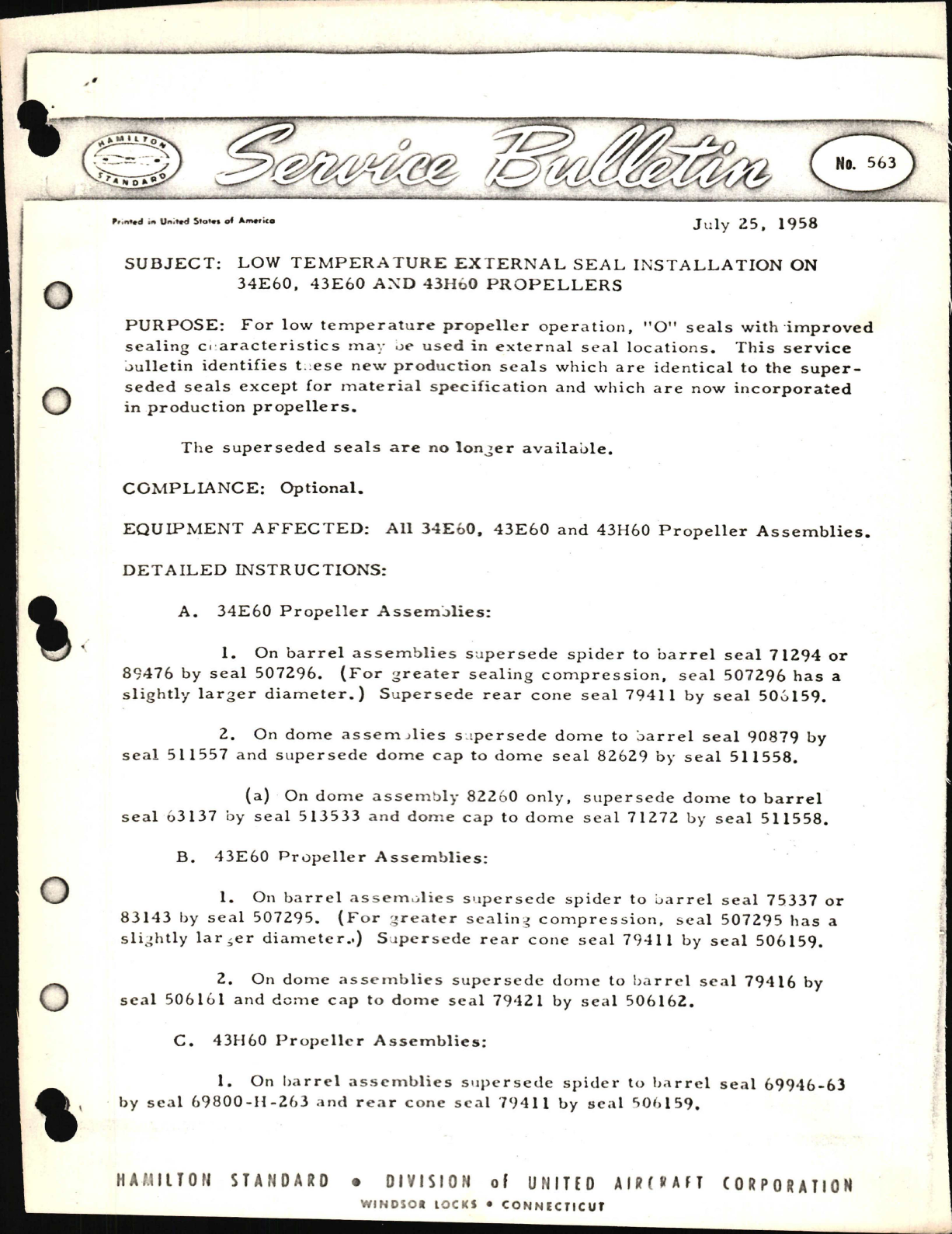 Sample page 1 from AirCorps Library document: Low Temperature External Seal Installation on 34E60, 43E60 and 43H60 Propellers