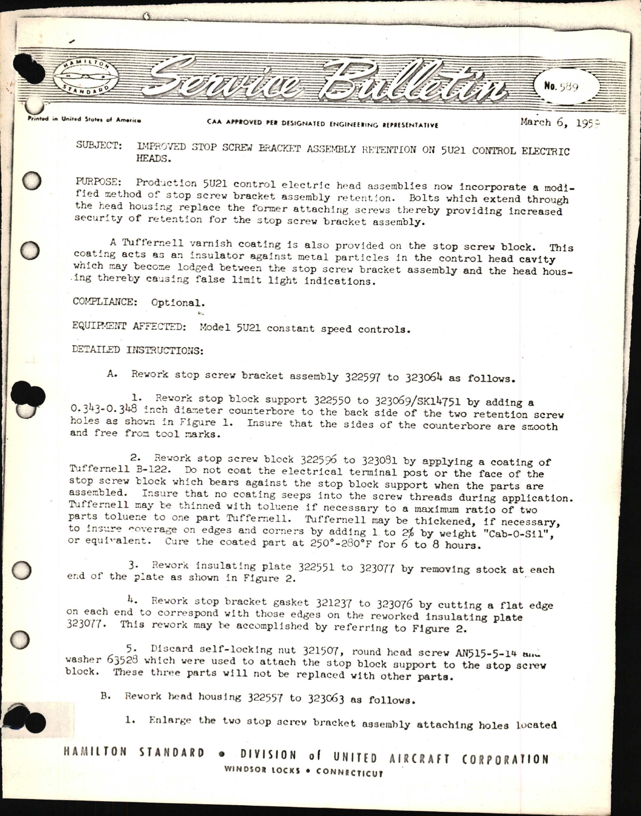 Sample page 1 from AirCorps Library document: Improved Stop Screw Bracket Assembly Retention on 5U21 Control Electric Heads