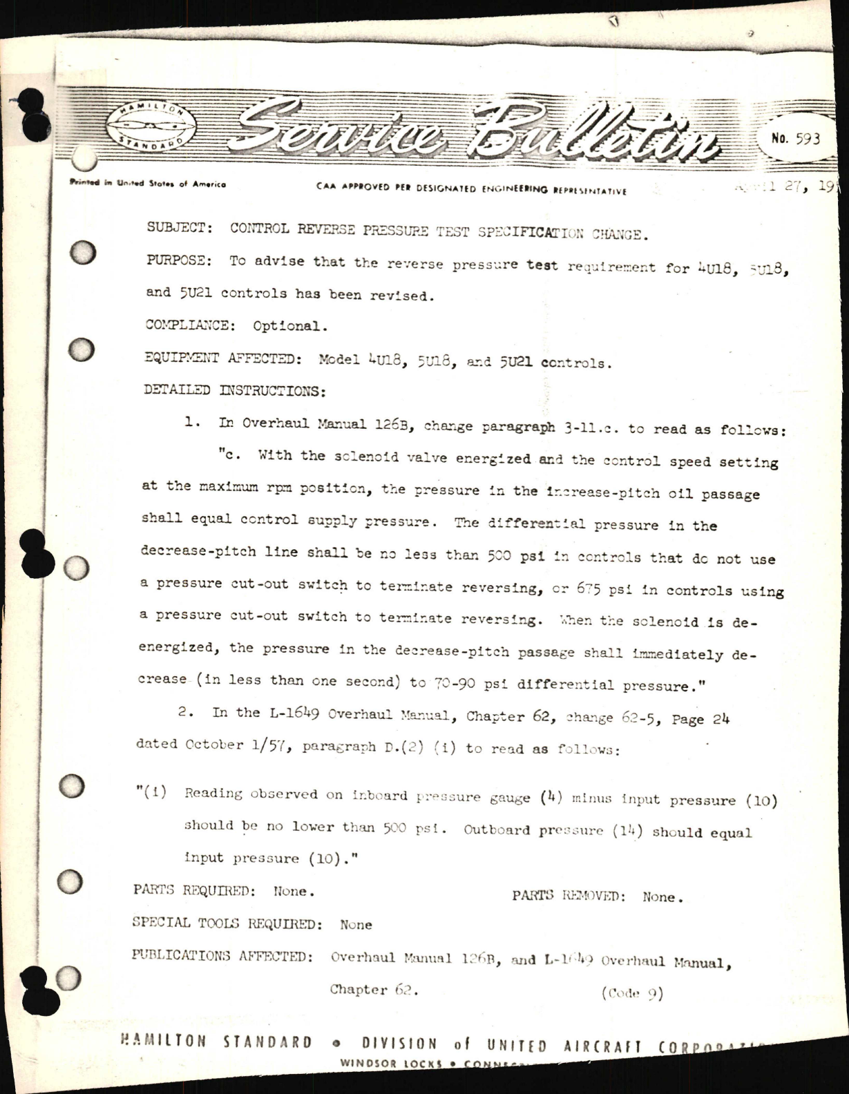 Sample page 1 from AirCorps Library document: Control Reverse Pressure Test Specification Change