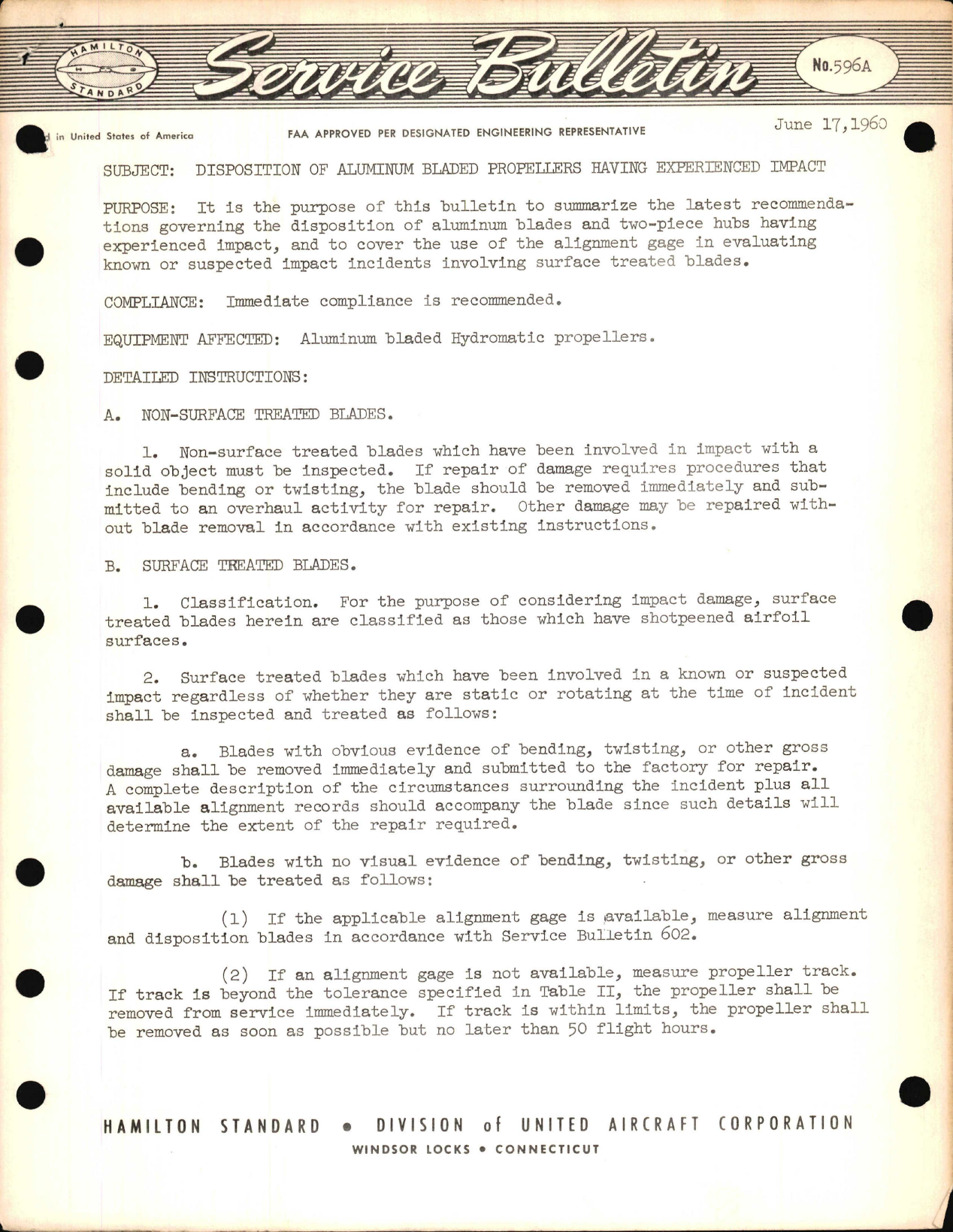 Sample page 1 from AirCorps Library document: Disposition of Aluminum Bladed Propellers Having Experienced Impact