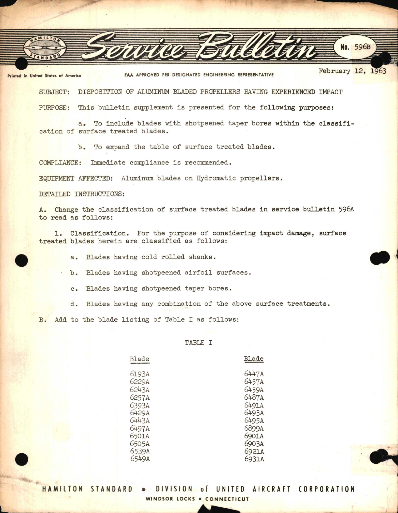 Sample page 1 from AirCorps Library document: Disposition of Aluminum Bladed Propellers Having Experienced Impact