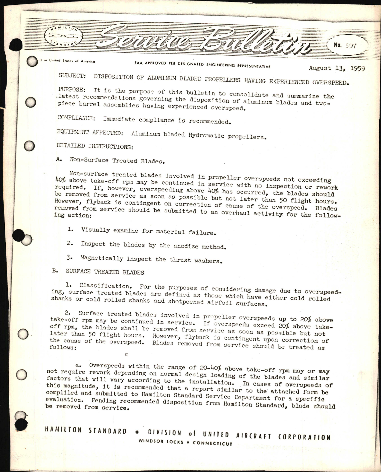 Sample page 1 from AirCorps Library document: Disposition of Aluminum Bladed Propellers Having Experienced Overspeed