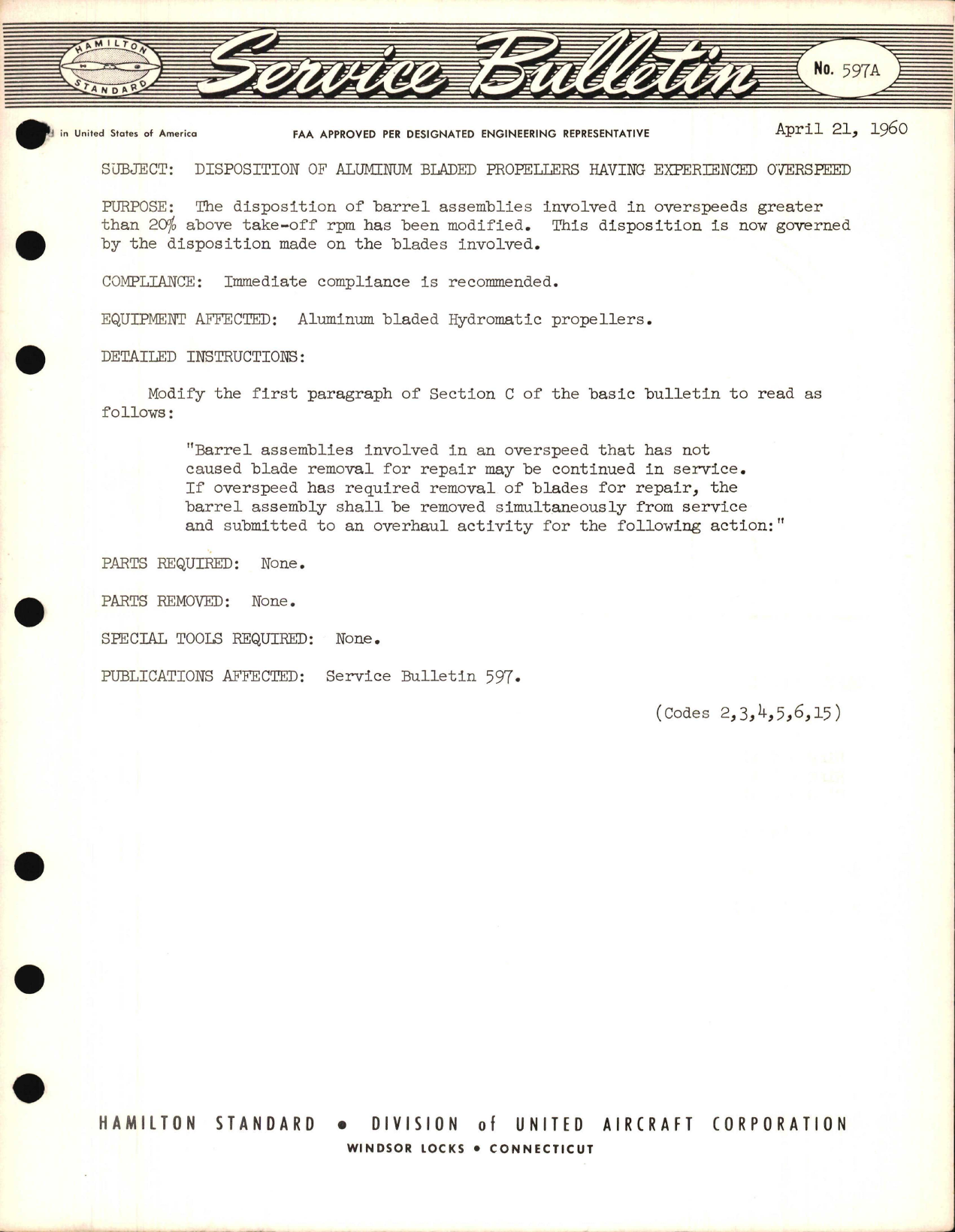 Sample page 1 from AirCorps Library document: Disposition of Aluminum Bladed Propellers Having Experienced Overspeed