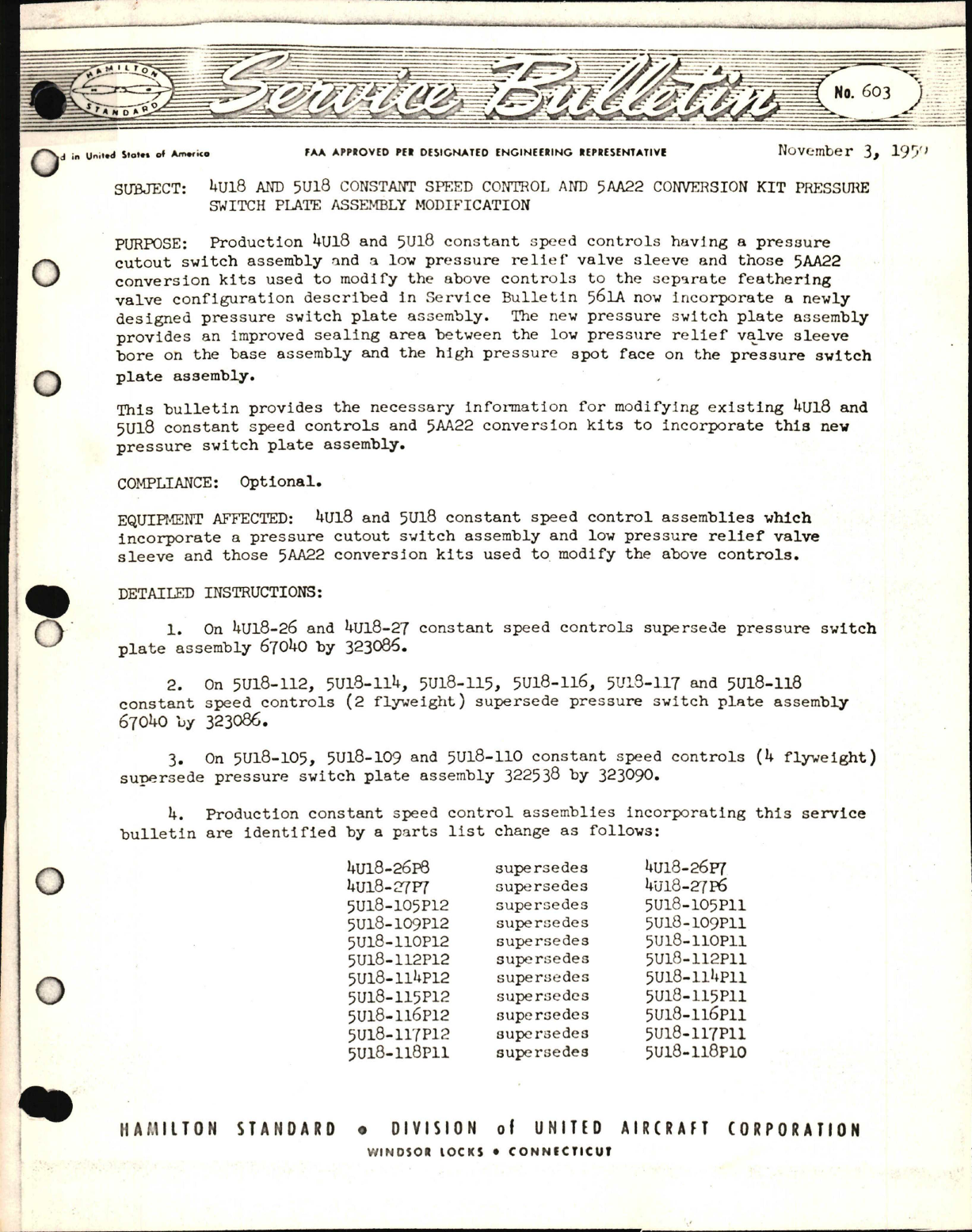Sample page 1 from AirCorps Library document: 4U18 and 5U18 Constant Speed Control and 5AA22 Conversion Kit Pressure Switch Plate Assembly Modification