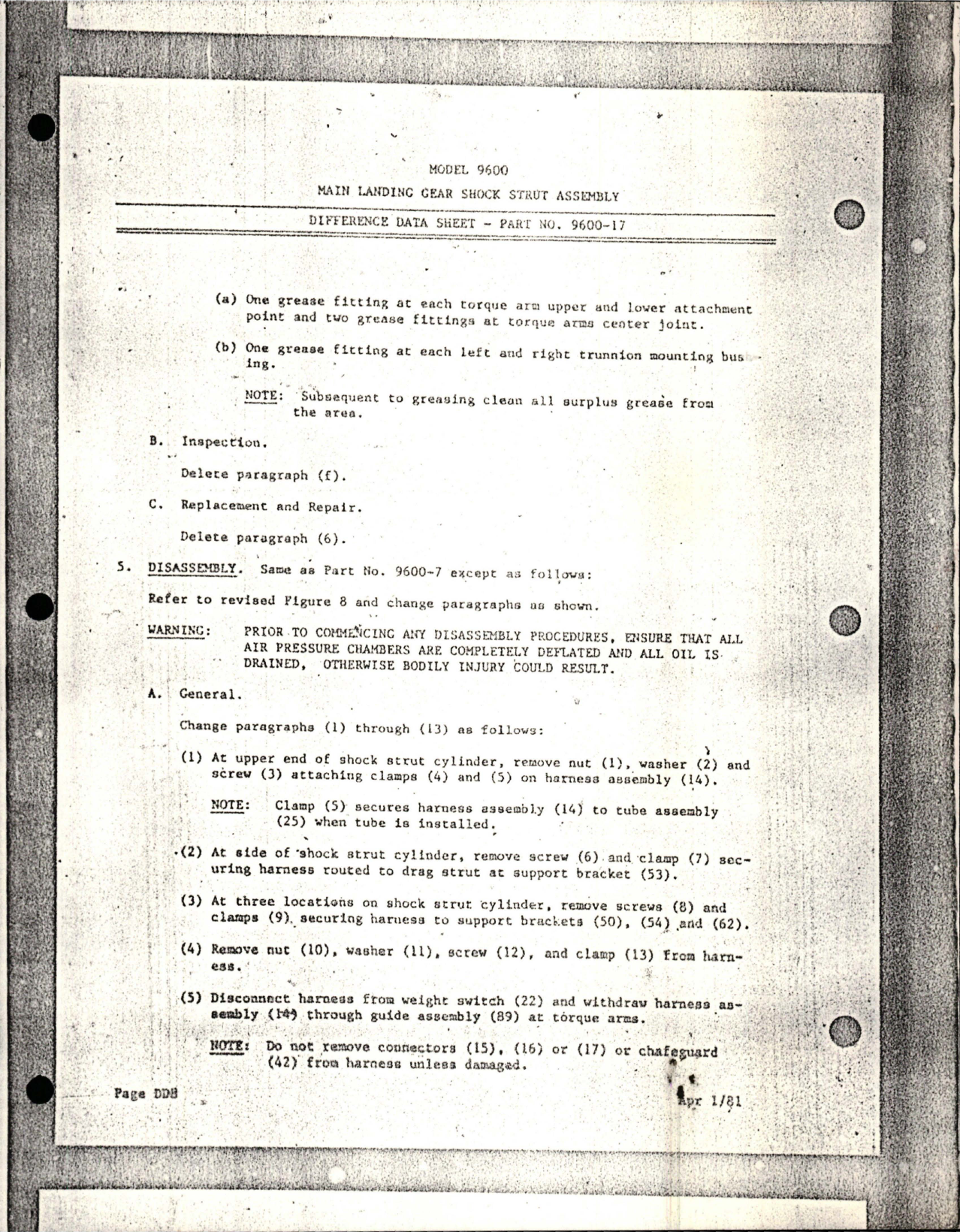 Sample page 5 from AirCorps Library document: Difference Data Sheet for Main Landing Gear Shock Strut Assembly - Part 9600-15