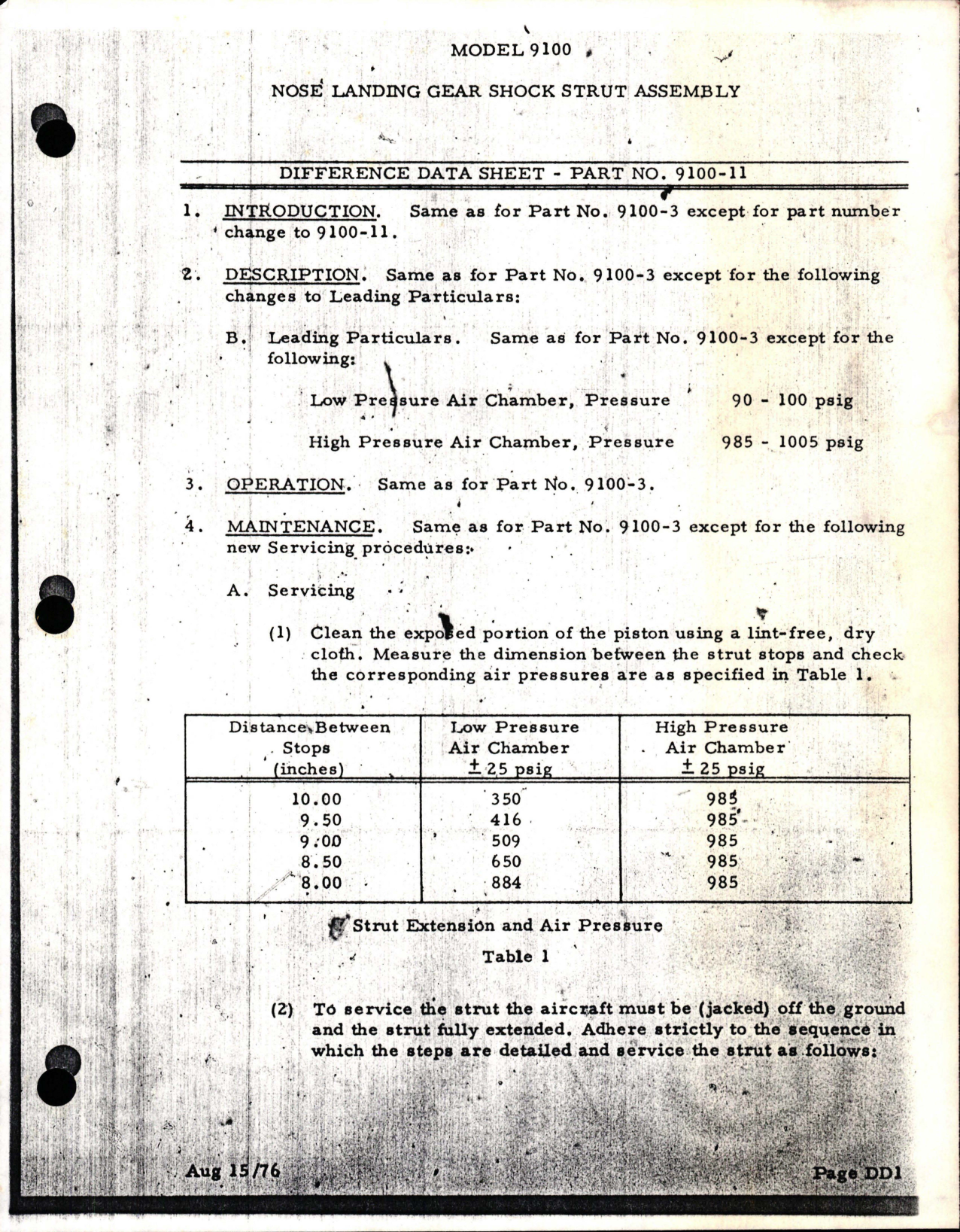 Sample page 1 from AirCorps Library document: Difference Data Sheet for Nose Landing Gear Shock Strut Assembly - Part 9100-11