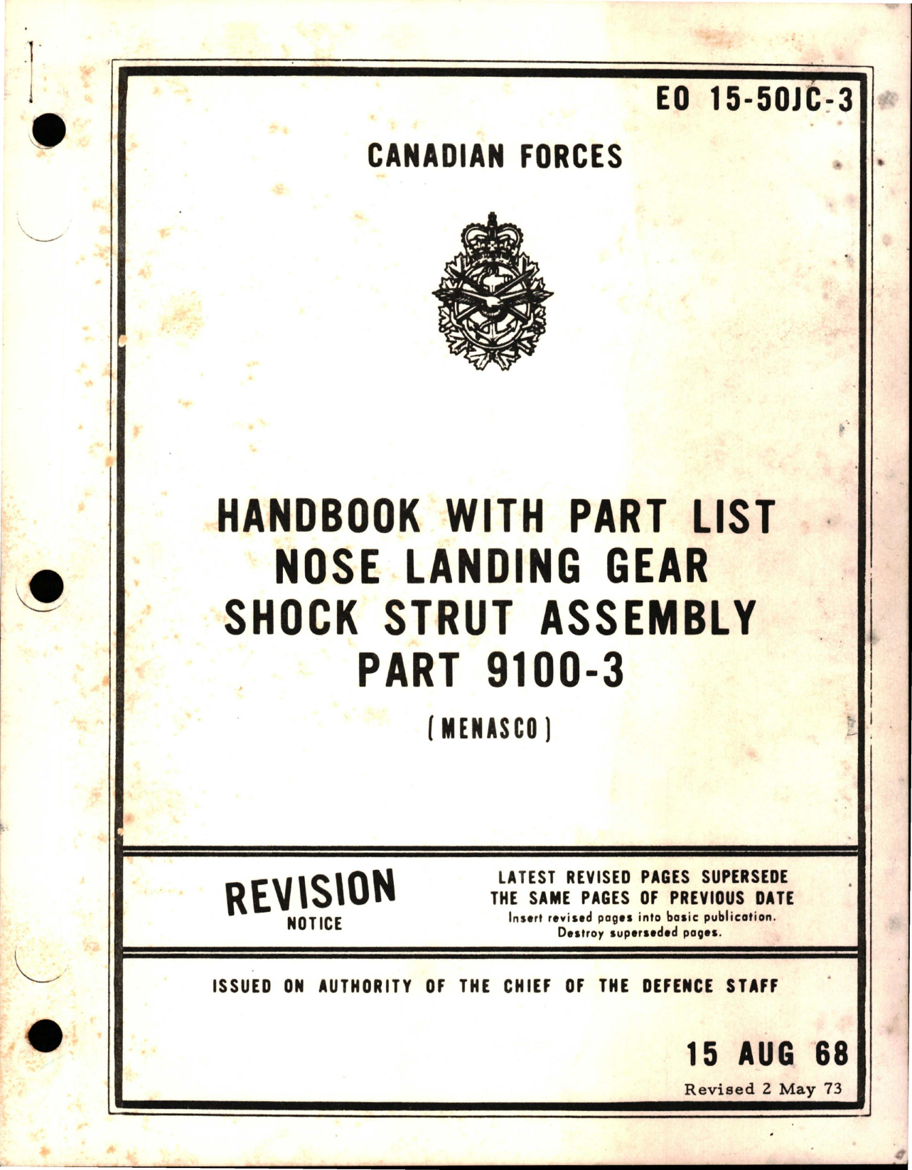 Sample page 1 from AirCorps Library document: Handbook with Parts List for Nose Landing Gear Shock Strut Assembly - Part 9100-3