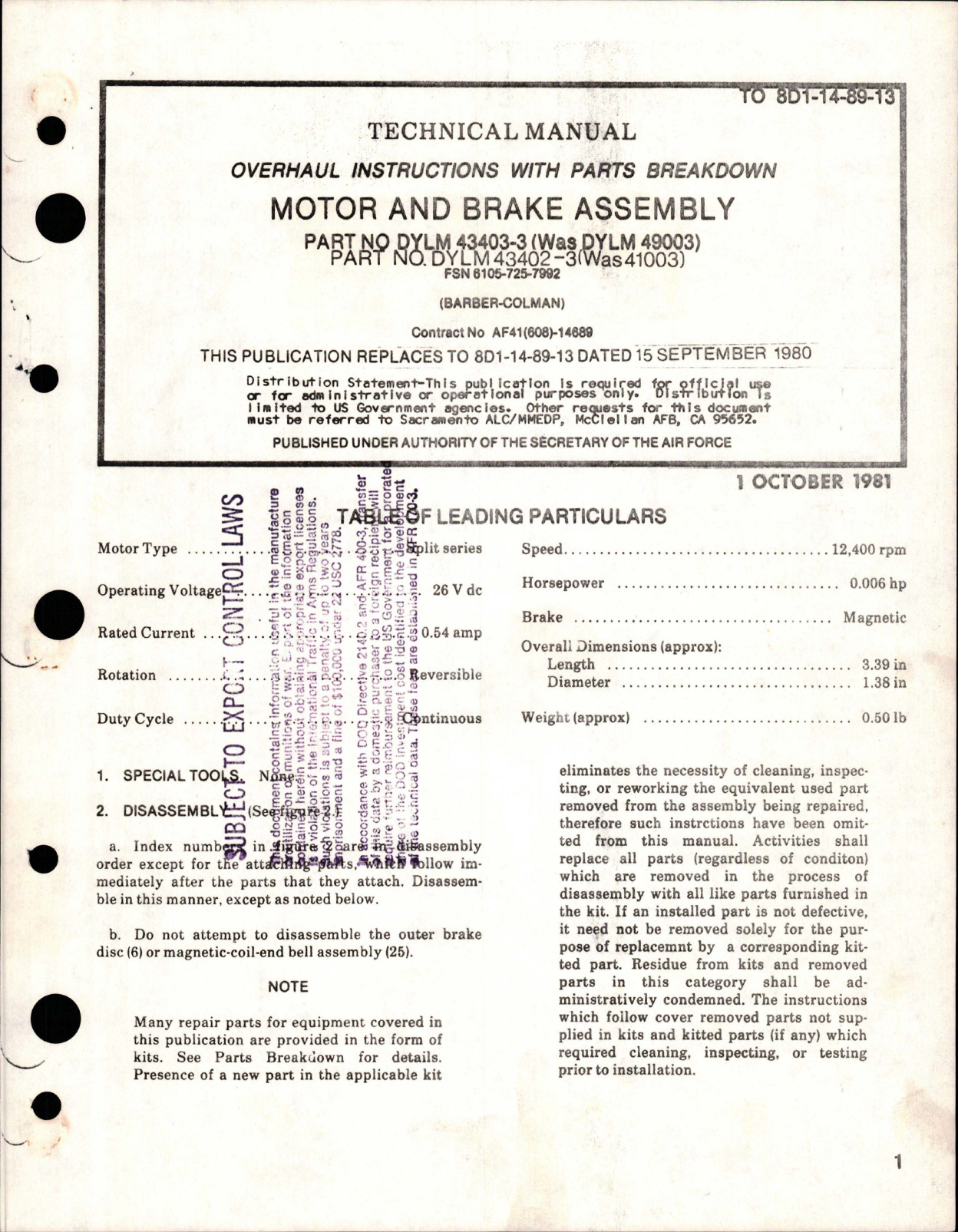 Sample page 1 from AirCorps Library document: Overhaul Instructions with Parts for Motor Brake Assembly - Part DYLM 43403-3, DYLM 43402