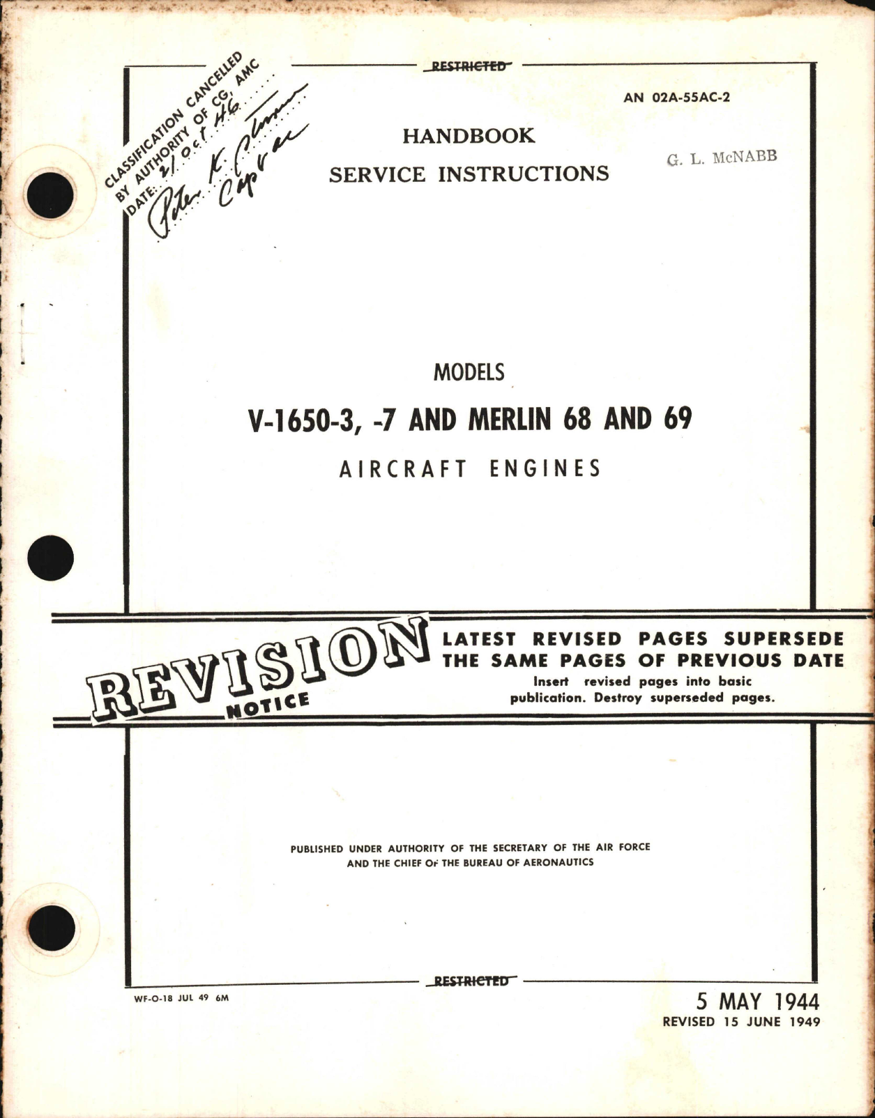 Sample page 1 from AirCorps Library document: Service Instructions for V-1650-3, -7, and Merlin 68 and 69 Engines