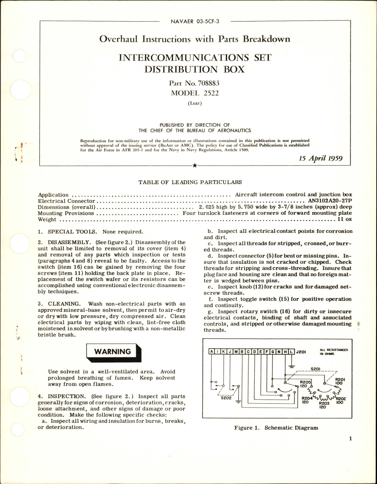 Sample page 1 from AirCorps Library document: Overhaul Instructions with Parts for Intercommunications Set Distribution Box - Part 708883 - Model 2522 