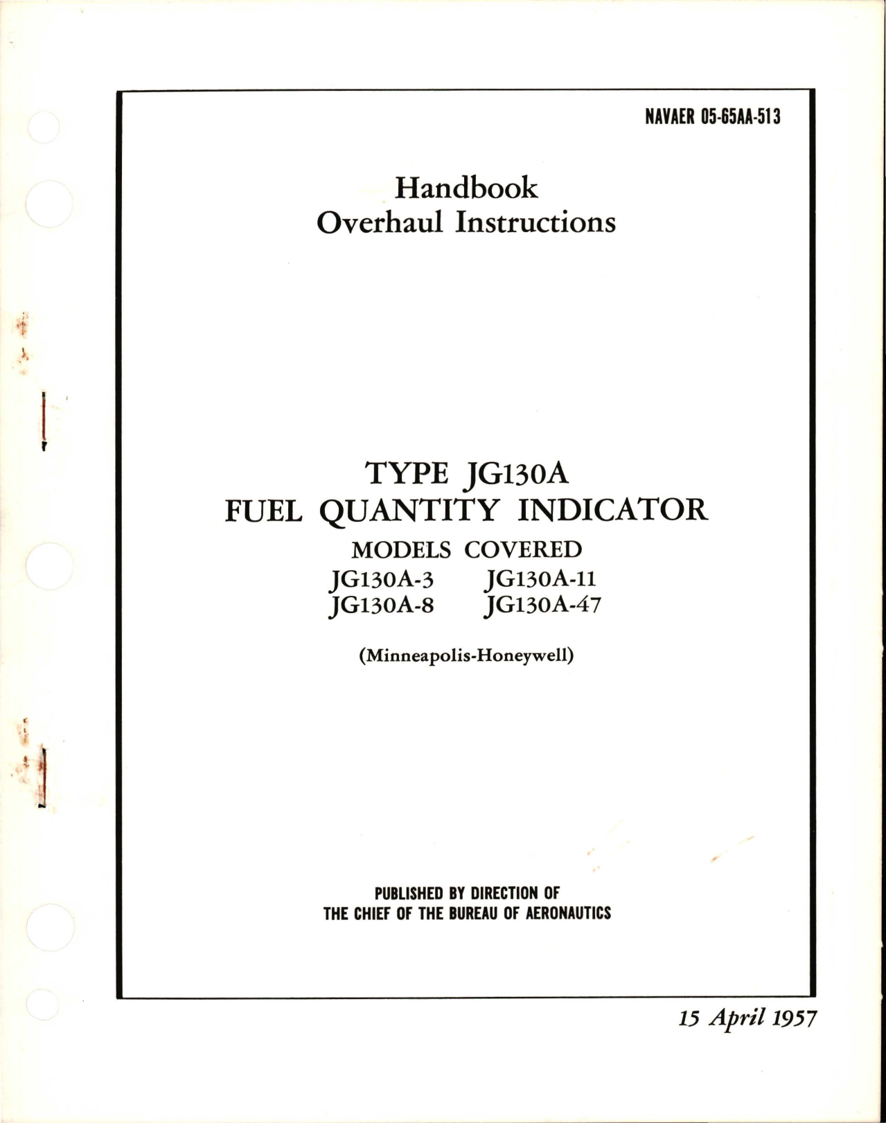 Sample page 1 from AirCorps Library document: Overhaul Instructions for Fuel Quantity Indicator - Type JG130A - Models JG130A-3, JG130A-8, JG130A-11, and JG130A-47