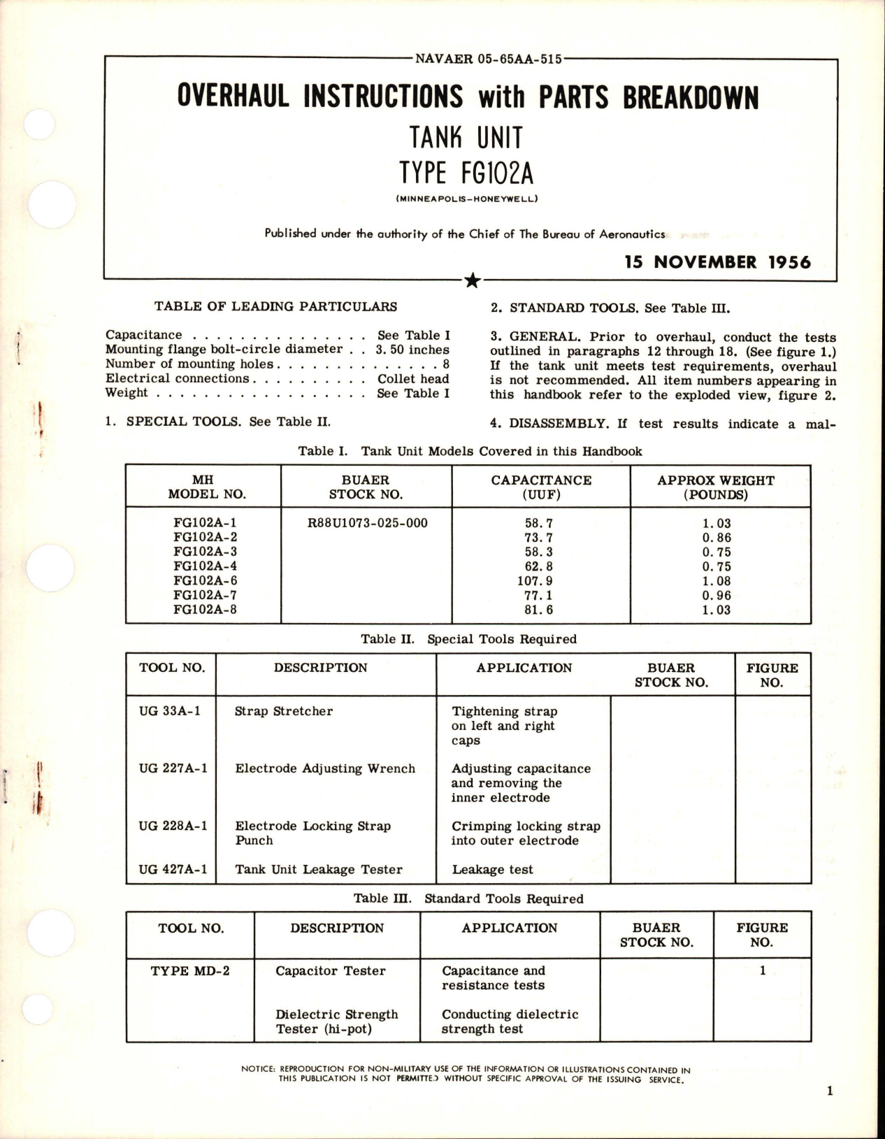 Sample page 1 from AirCorps Library document: Overhaul Instructions with Parts Breakdown for Tank Unit - Type FG102A