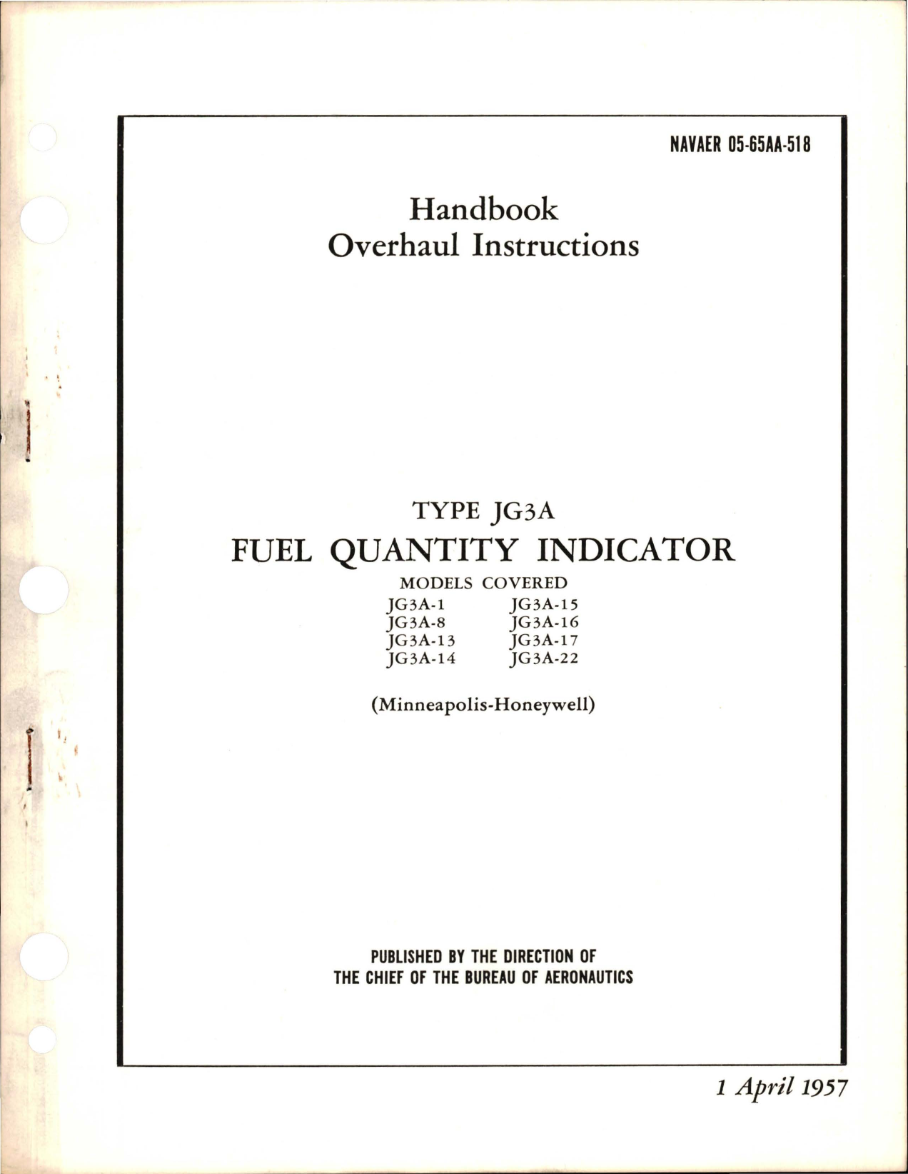 Sample page 1 from AirCorps Library document: Overhaul Instructions for Fuel Quantity Indicator - Type JG3A 