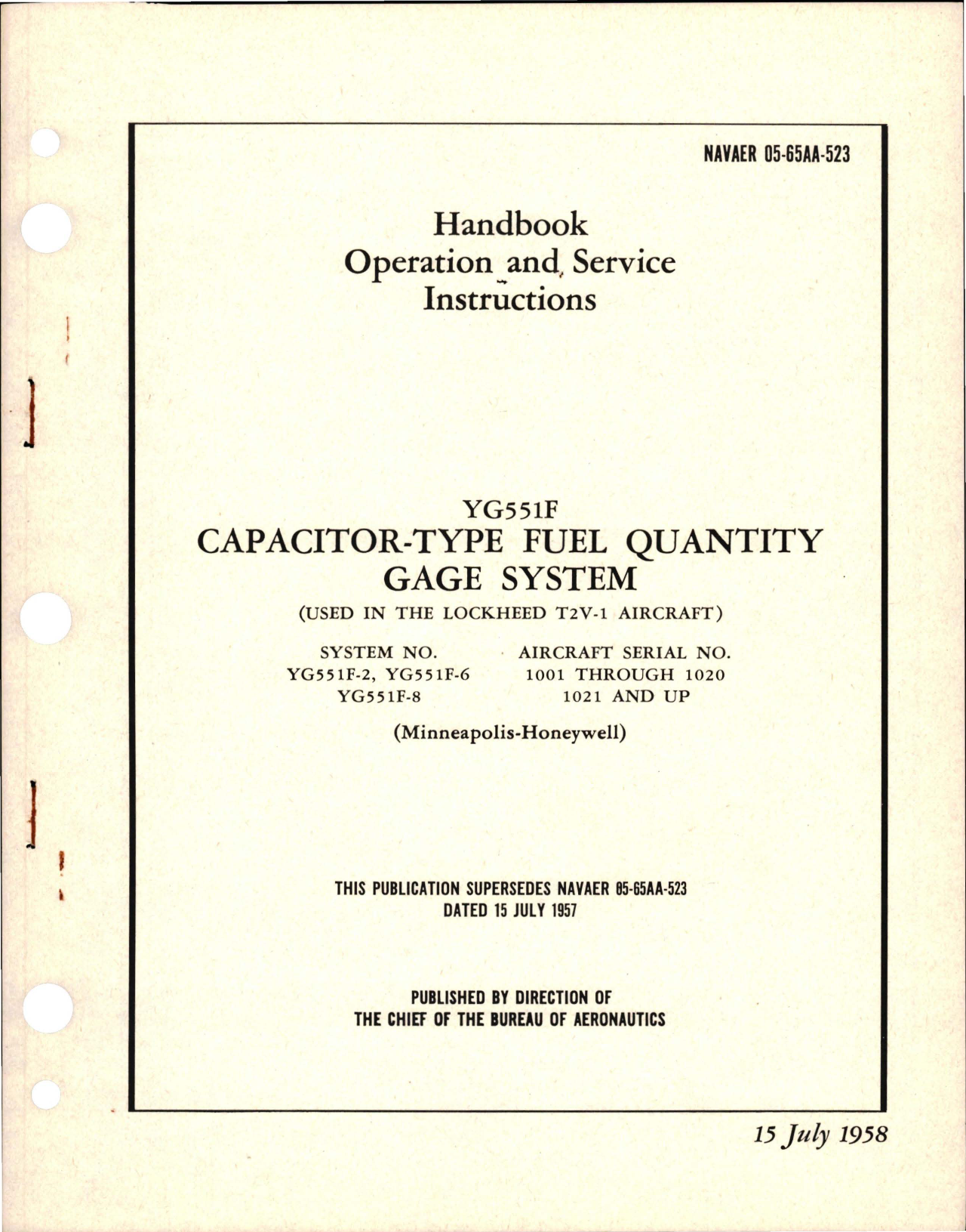 Sample page 1 from AirCorps Library document: Operation and Service Instructions for Capacitor Type Fuel Quantity Gage System - YG551F