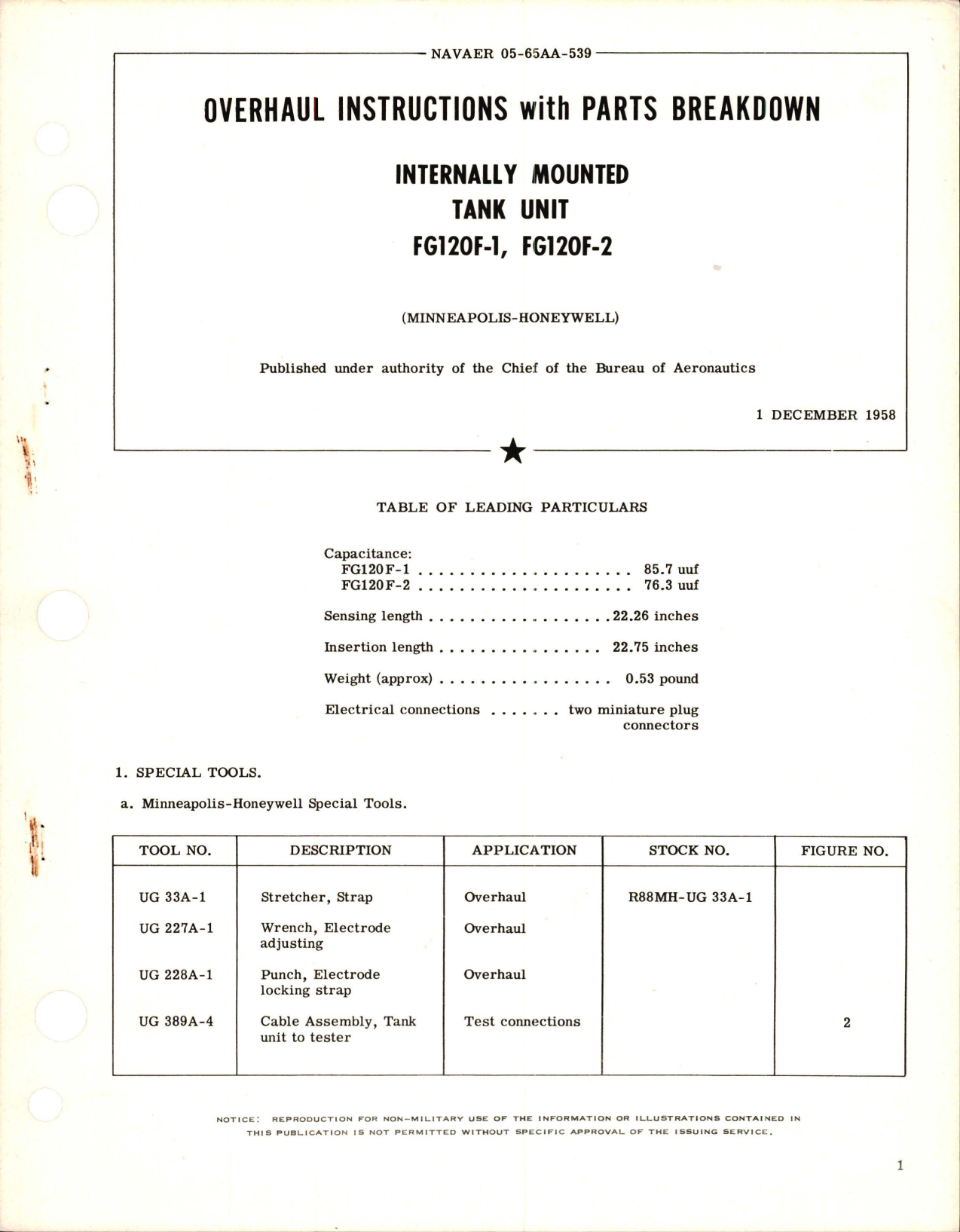 Sample page 1 from AirCorps Library document: Overhaul Instructions with Parts Breakdown for Internally Mounted Tank Unit - FG120F-1 and FG120F-2