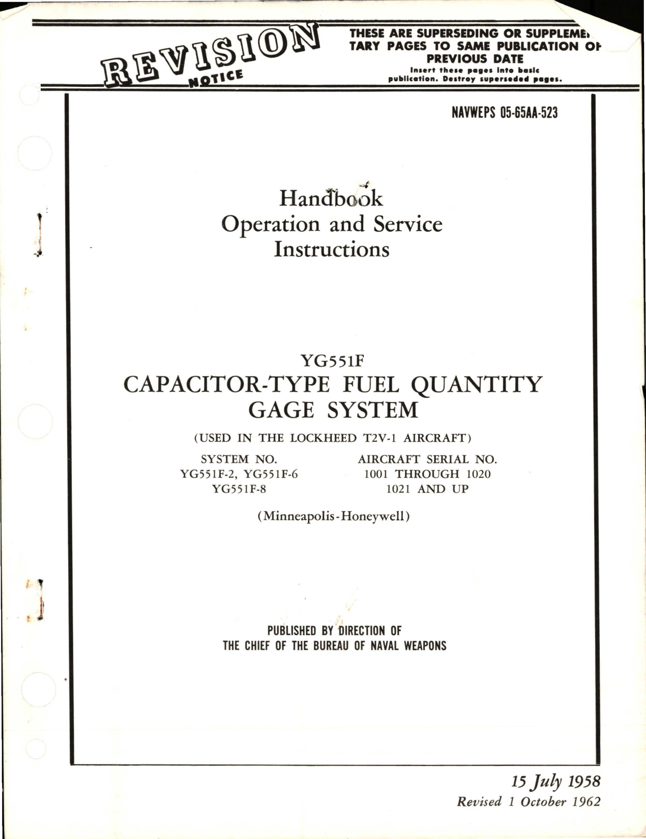 Sample page 1 from AirCorps Library document: Operation and Service Instructions for Capacitor Type Fuel Quantity Gage System - YG551F 