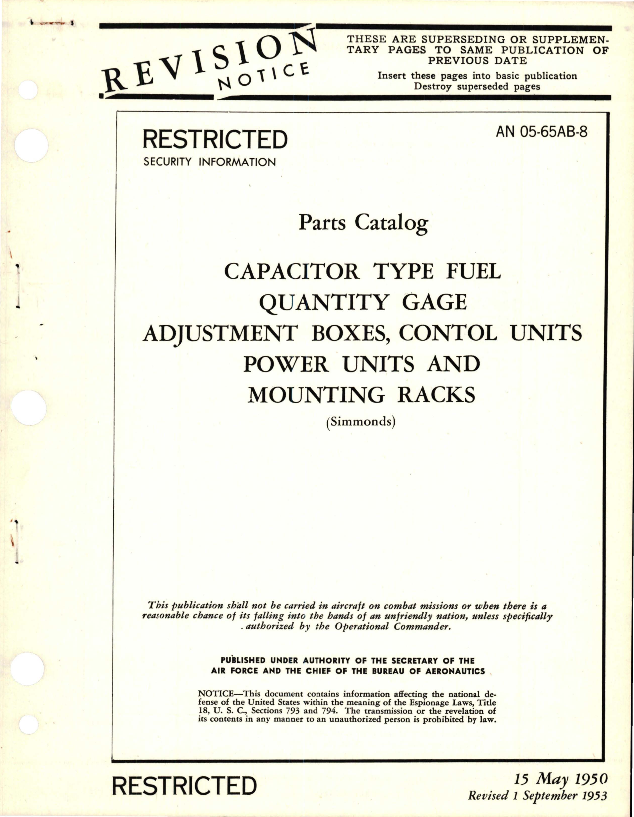 Sample page 1 from AirCorps Library document: Revision to Parts Catalog for Capacitor Type Fuel Quantity Gage Adjustment Boxes, Control Units, Power Units and Mounting Racks 