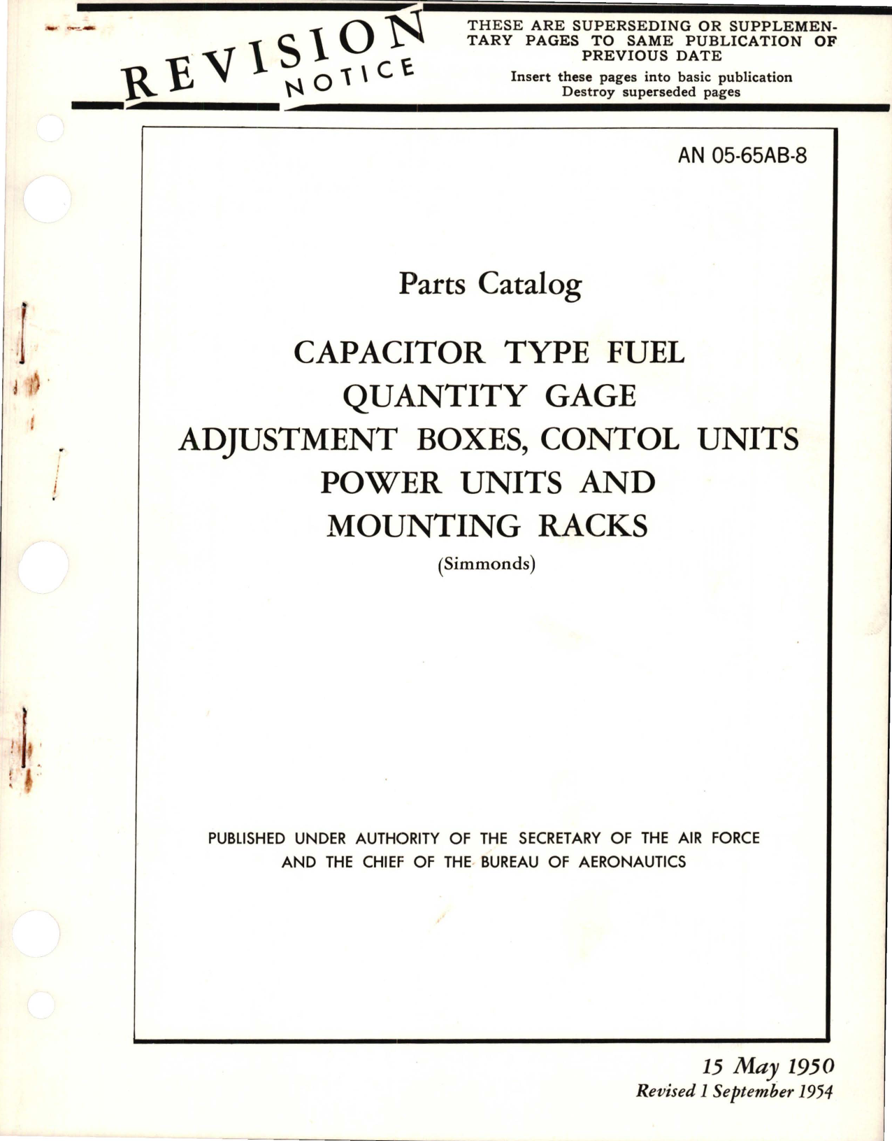 Sample page 1 from AirCorps Library document: Revision to Parts Catalog for Capacitor Type Fuel Quantity Gage Adjustment Boxes, Control Units, Power Units and Mounting Racks