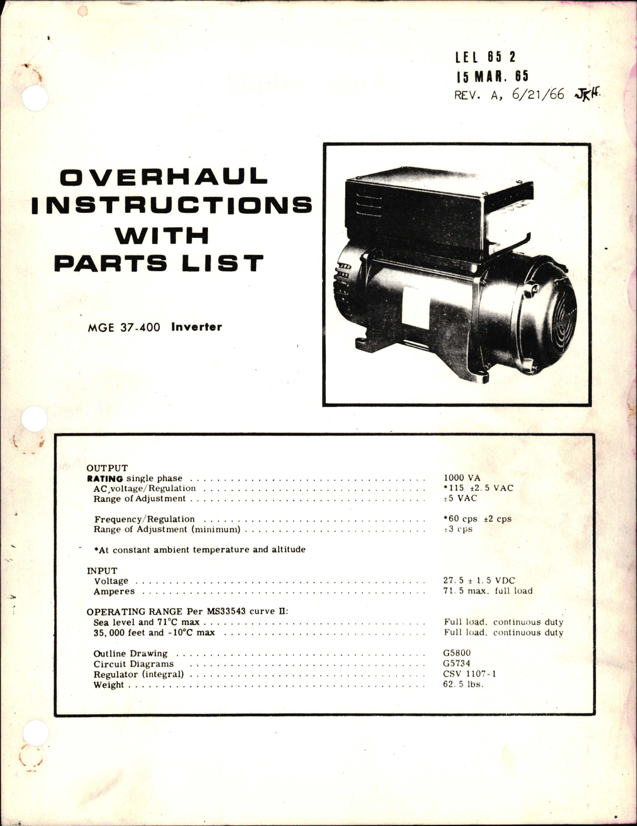 Sample page 1 from AirCorps Library document: Overhaul Instructions with Parts List for Inverter - MGE 37-400