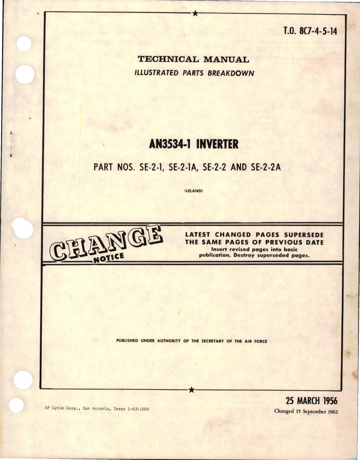 Sample page 1 from AirCorps Library document: Illustrated Parts Breakdown for Inverter - AN3531-1 - Parts SE-2-1, SE-2-1A, SE-2-2, and SE-2-2A