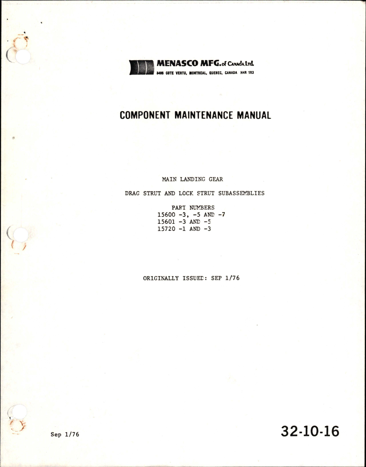 Sample page 1 from AirCorps Library document: Component Maintenance Manual for Main Landing Gear Drag Strut and Lock Strut Subassemblies 