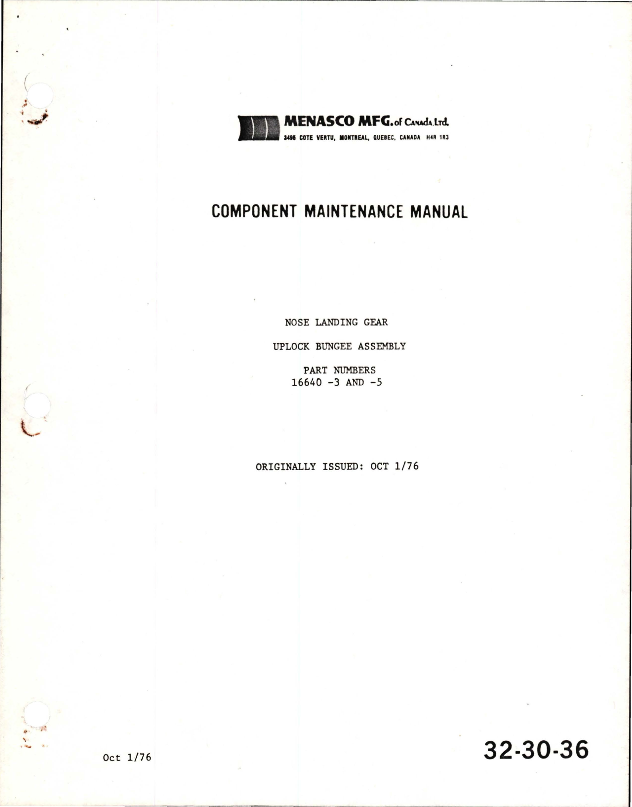 Sample page 1 from AirCorps Library document: Component Maintenance Manual for Nose Landing Gear Uplock Bungee Assembly - Parts 16640, 16640-3, and 16640-5