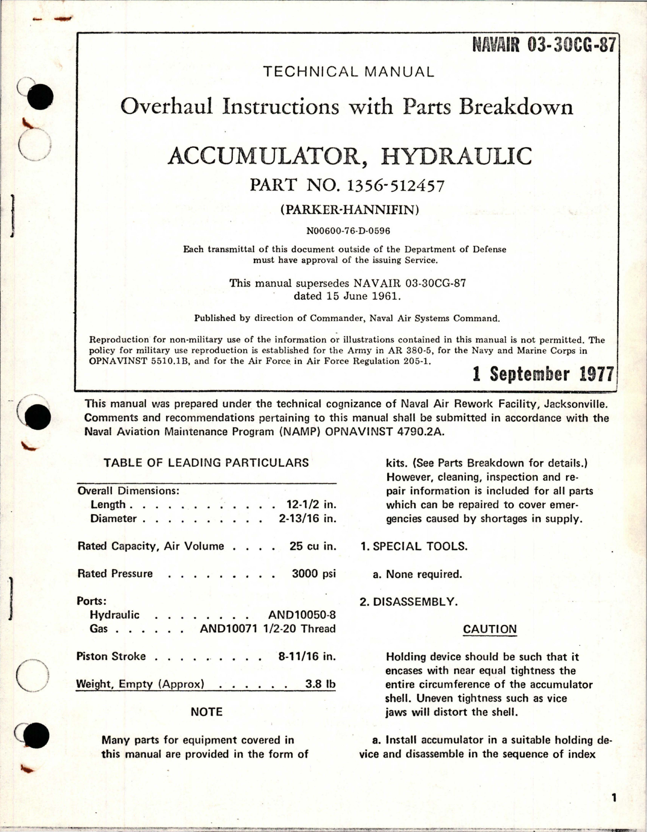 Sample page 1 from AirCorps Library document: Overhaul Instructions with Parts Breakdown for Hydraulic Accumulator - Part 1356-512457