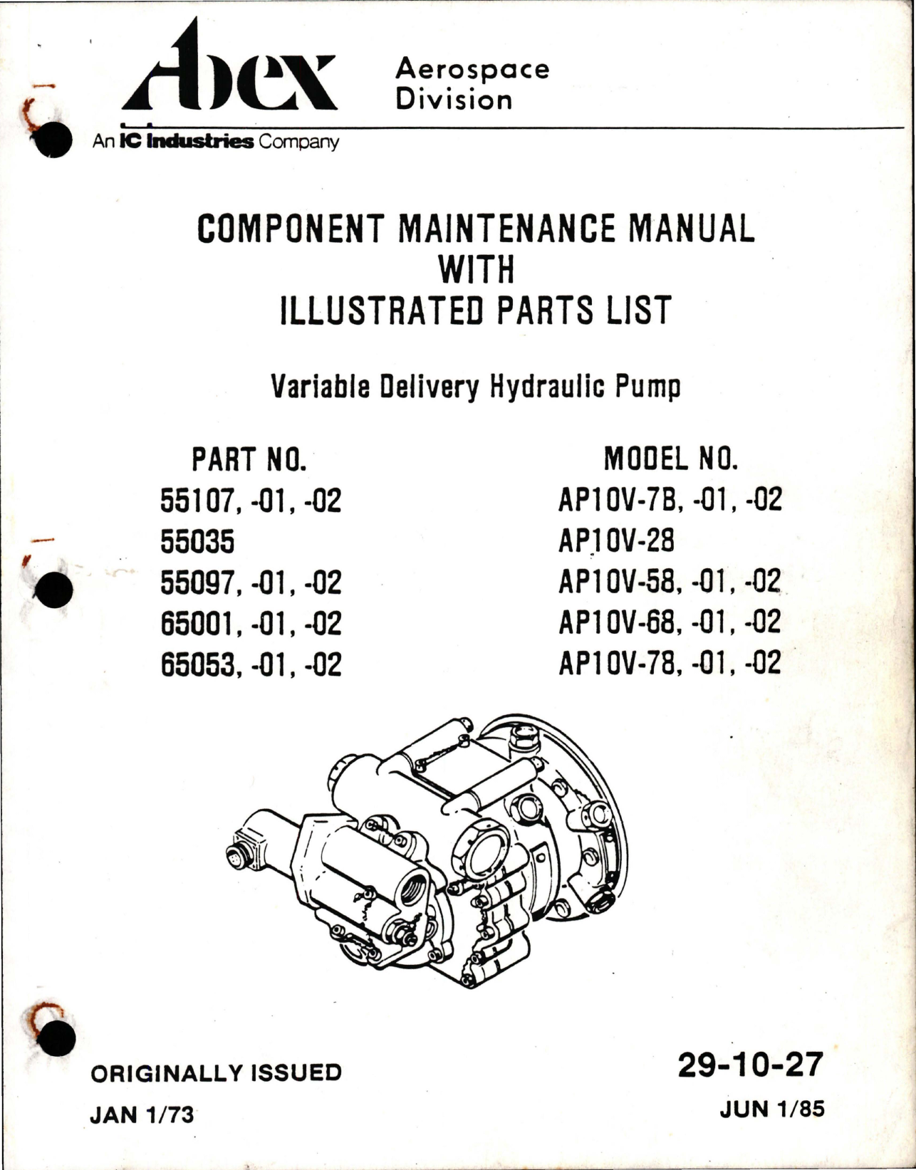 Sample page 1 from AirCorps Library document: Maintenance Manual with Illustrated Parts List for Variable Delivery Hydraulic Pump