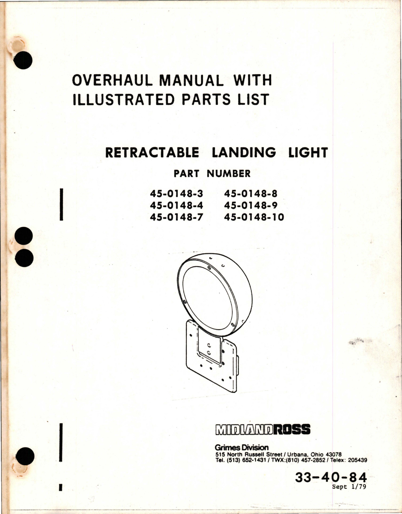 Sample page 1 from AirCorps Library document: Overhaul Manual with Illustrated Parts List for Retractable Landing Light