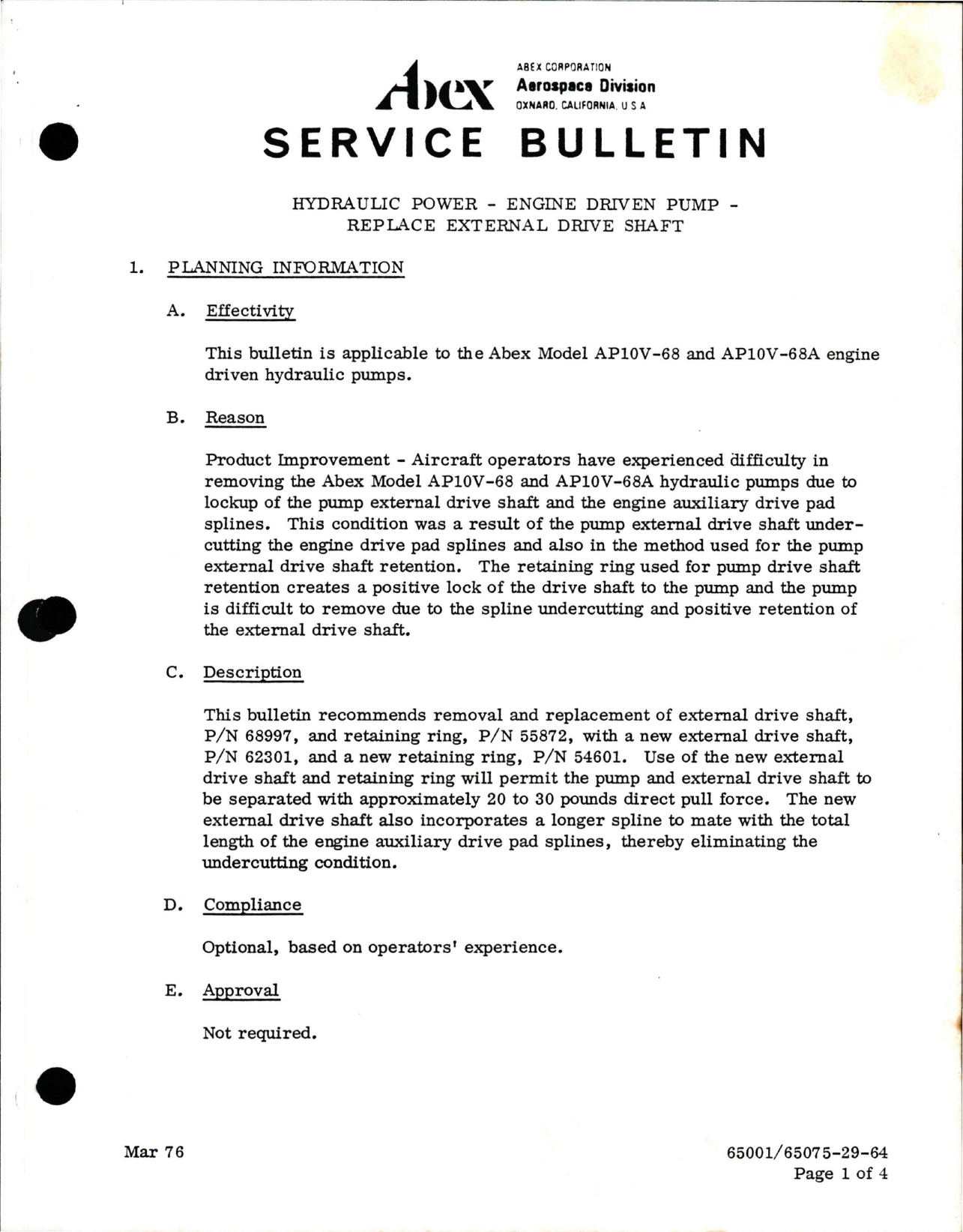 Sample page 1 from AirCorps Library document: Replace External Drive Shaft for Hydraulic Pump 