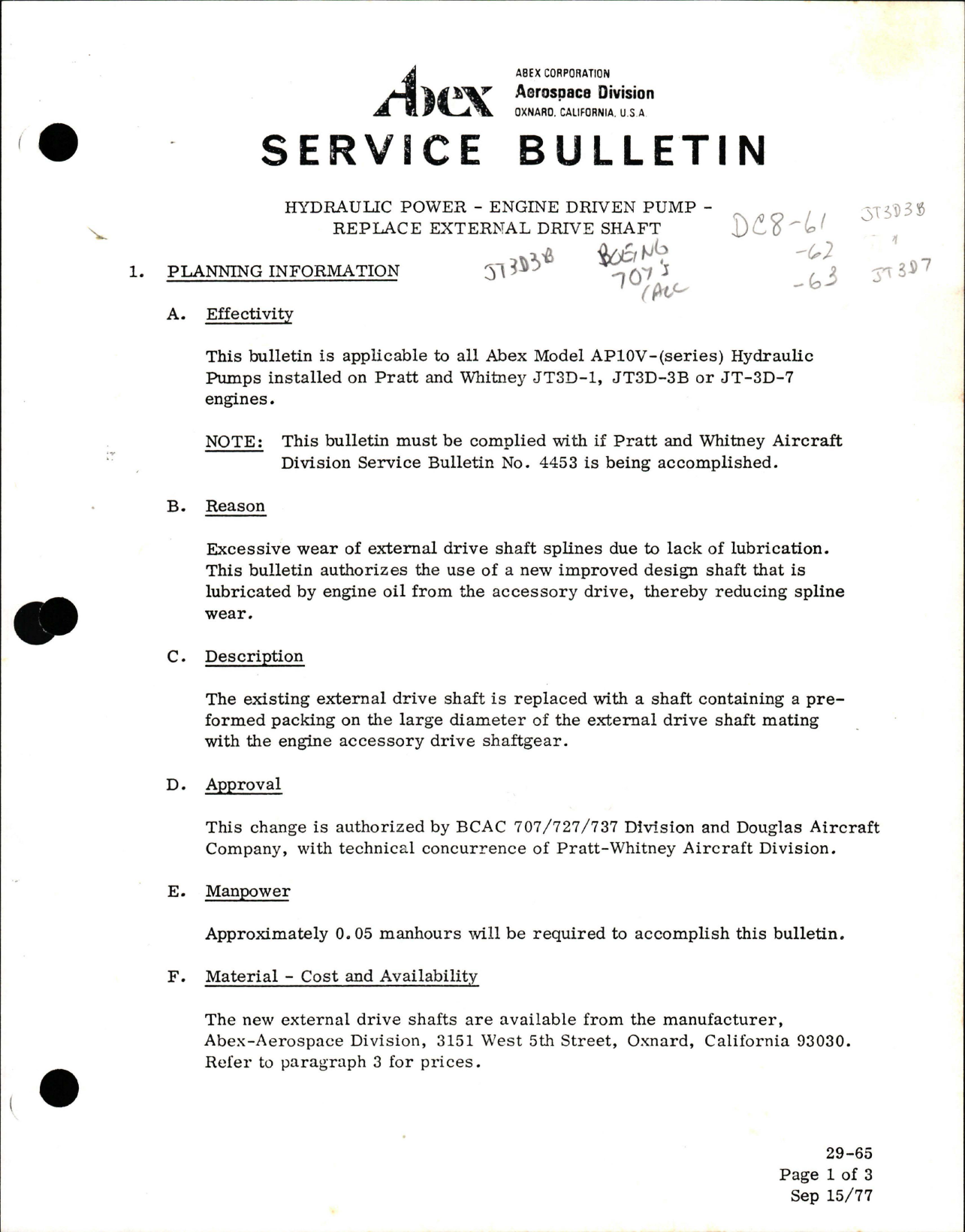 Sample page 1 from AirCorps Library document: Replace External Drive Shaft for Hydraulic Pump