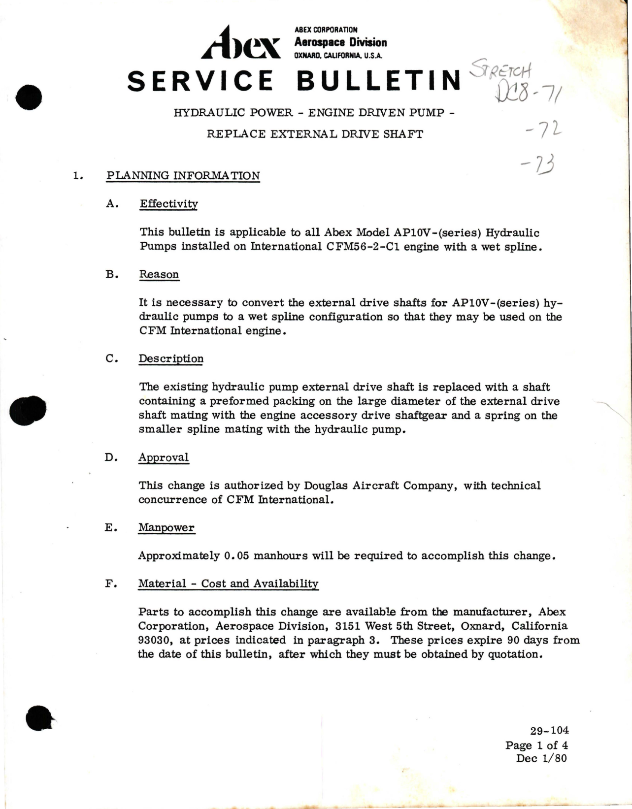 Sample page 1 from AirCorps Library document: Replace External Drive Shaft for Hydraulic Pump