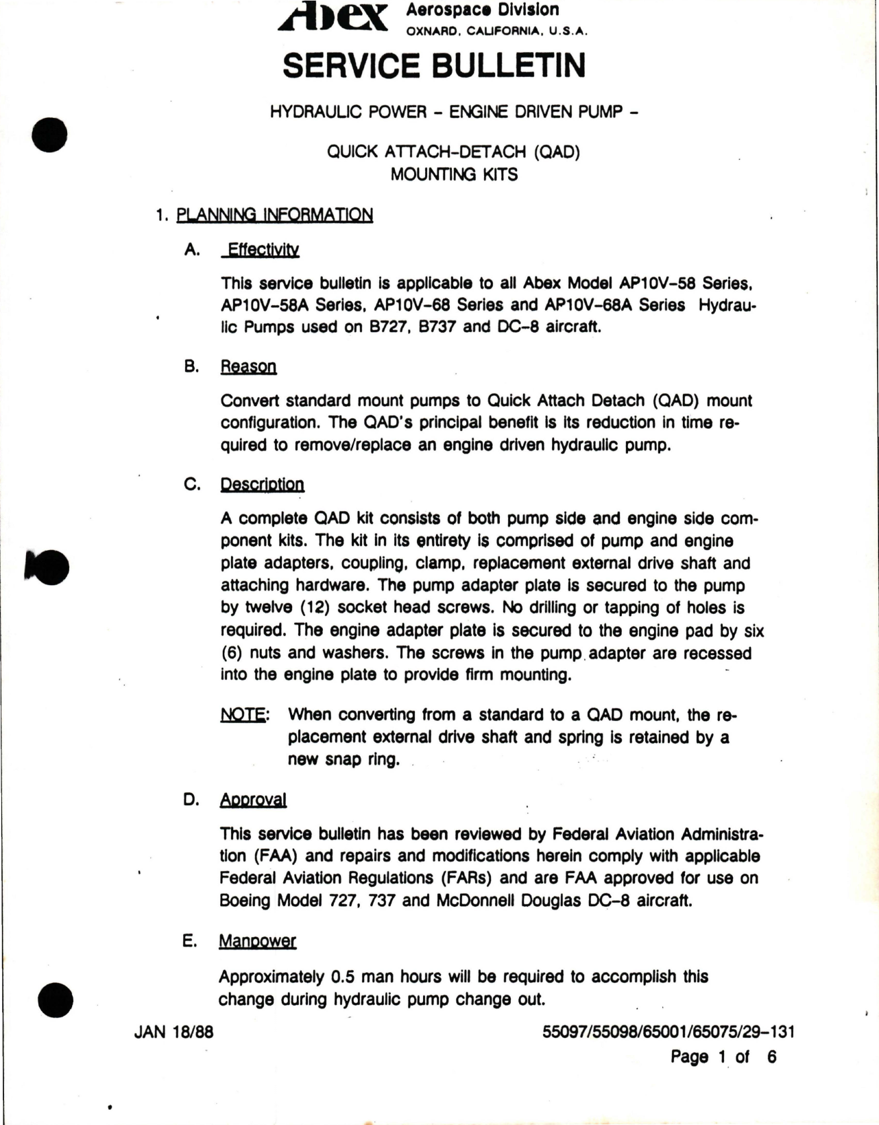 Sample page 1 from AirCorps Library document: Quick Attach Detach (QAD) Mounting Kits for Hydraulic Pump