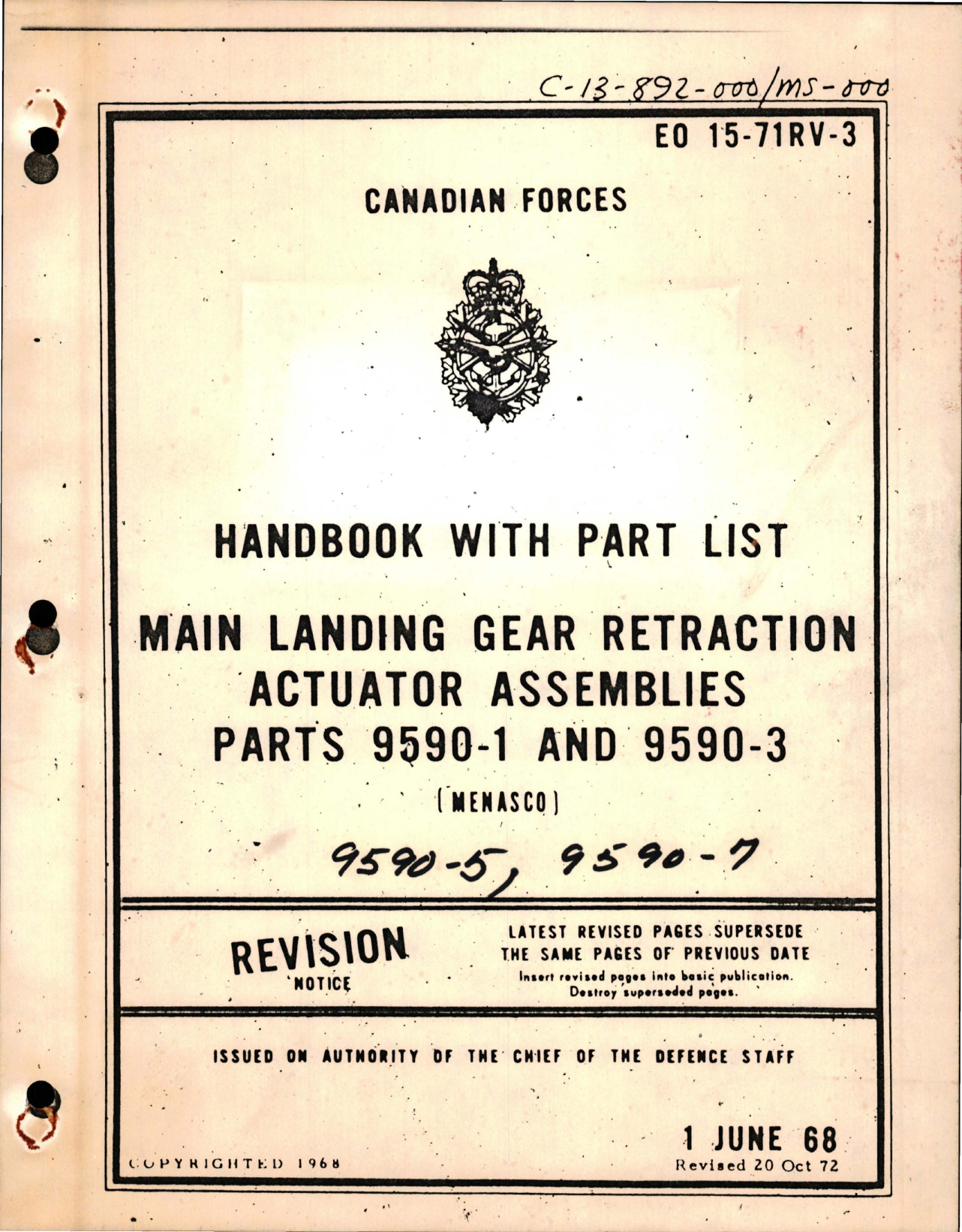 Sample page 1 from AirCorps Library document: Handbook with Parts List for Main Landing Gear Retraction Actuator Assemblies - Parts 9590-1 and 9590-3