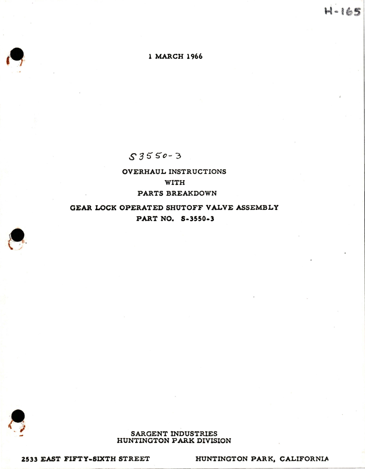 Sample page 1 from AirCorps Library document: Overhaul Instructions with Parts for Gear Lock Operated Shutoff Valve Assembly - Part S-3550-3