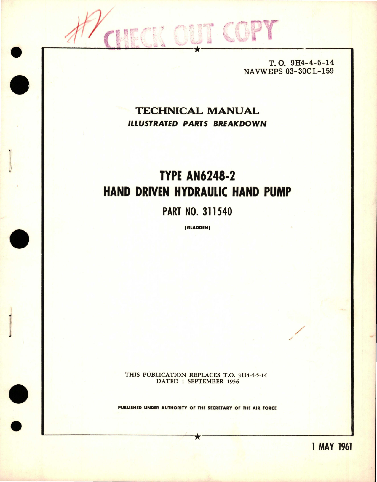 Sample page 1 from AirCorps Library document: Illustrated Parts for Hand Driven Hydraulic Hand Pump - Type AN6248-2 - Part 311540