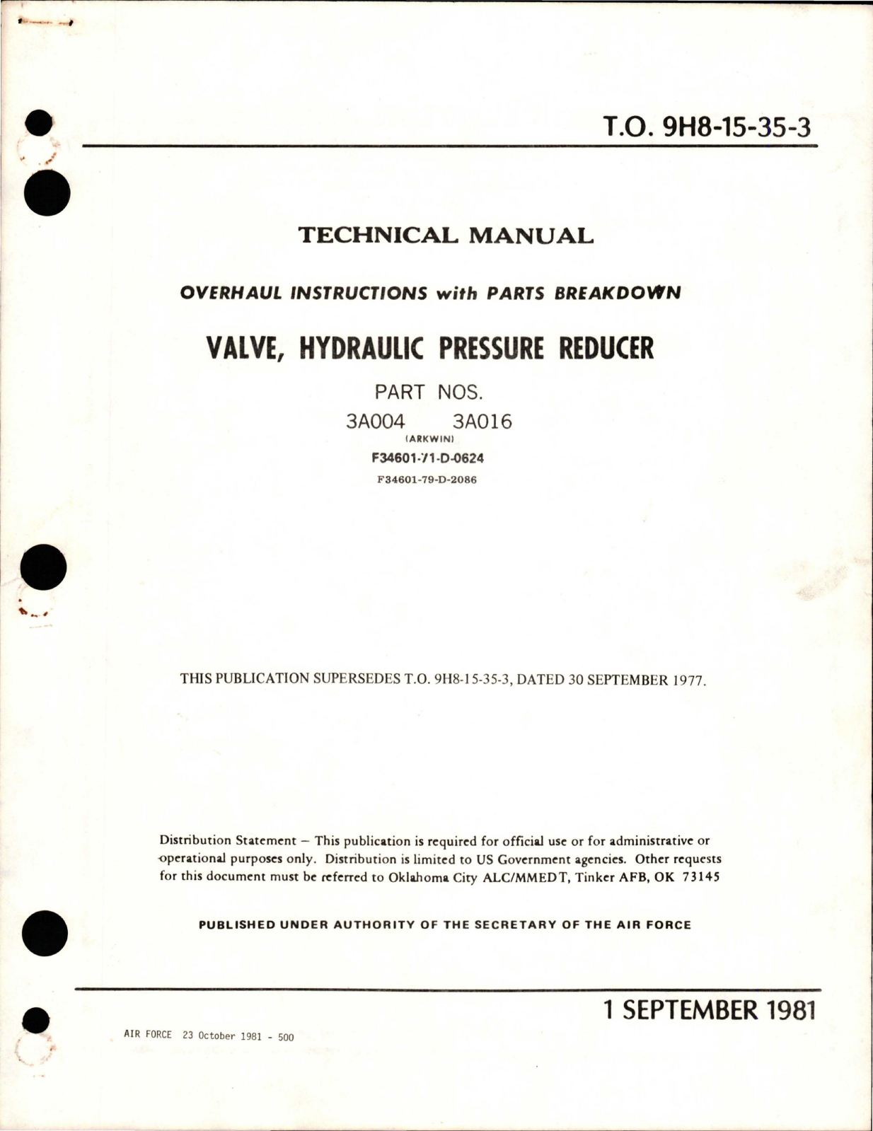 Sample page 1 from AirCorps Library document: Overhaul Instructions with Parts Breakdown for Hydraulic Pressure Reducer Valve - Parts 3A004 and 3A016