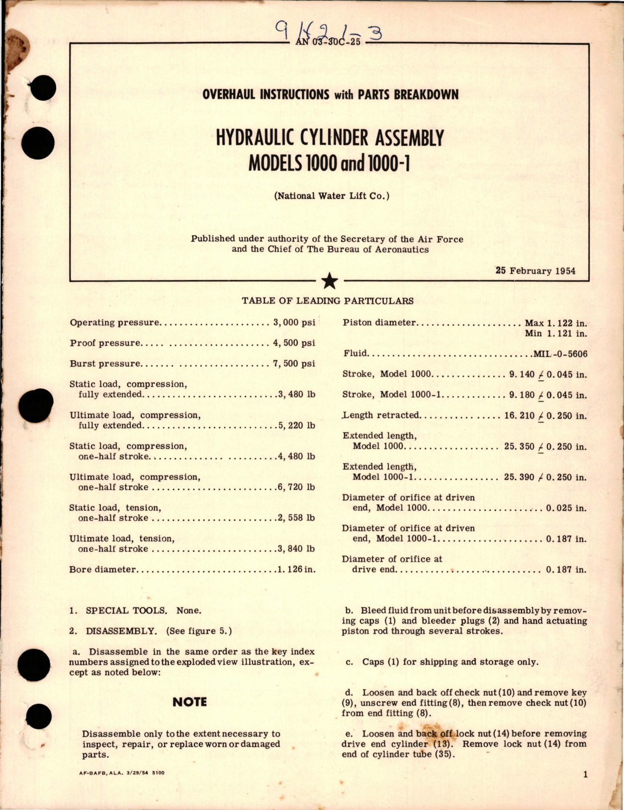 Sample page 1 from AirCorps Library document: Hydraulic Cylinder Assembly - Models 1000 and 1000-1 