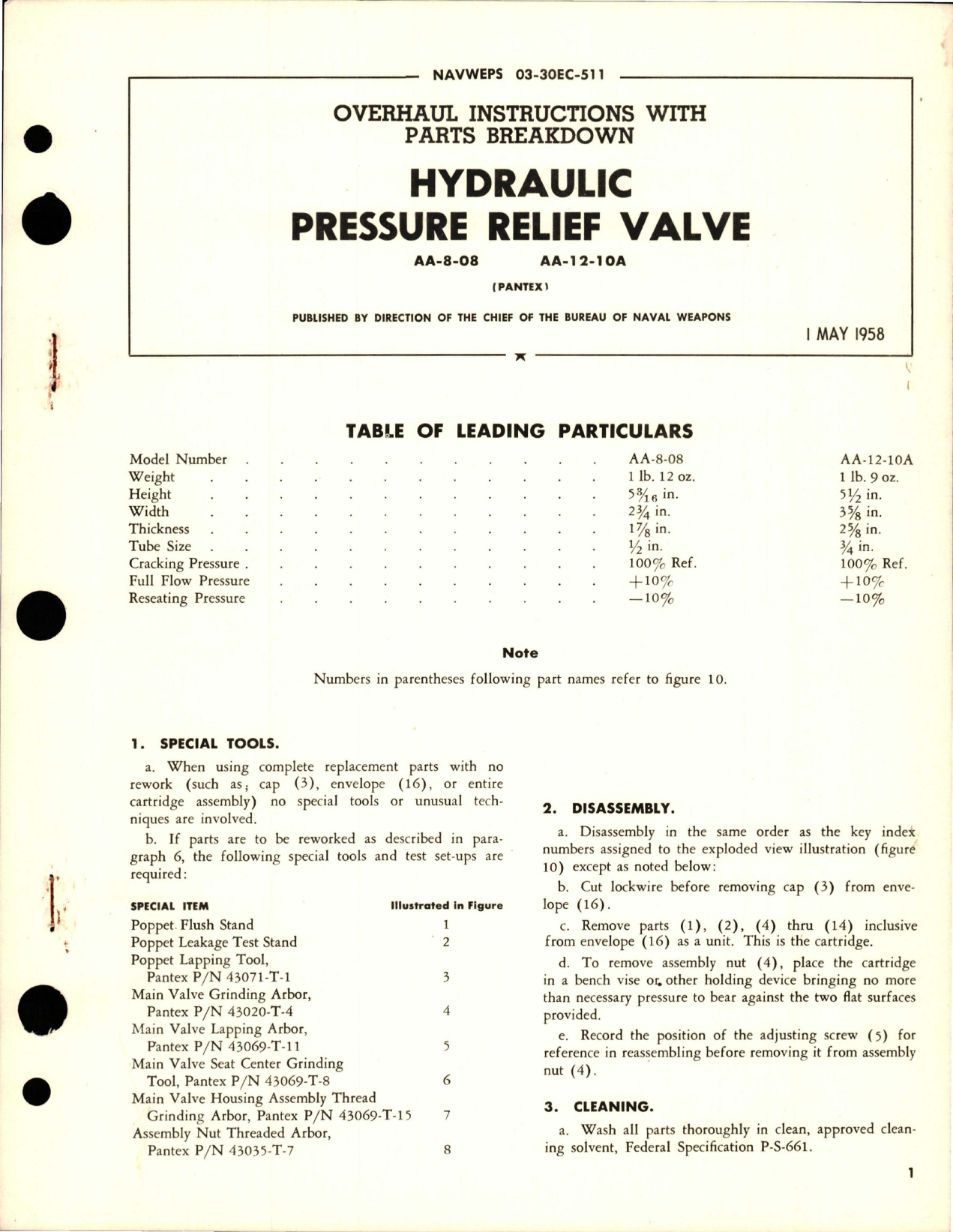 Sample page 1 from AirCorps Library document: Overhaul Instructions with Parts Breakdown for Hydraulic Pressure Relief Valve - AA-8-08 and AA-12-10A