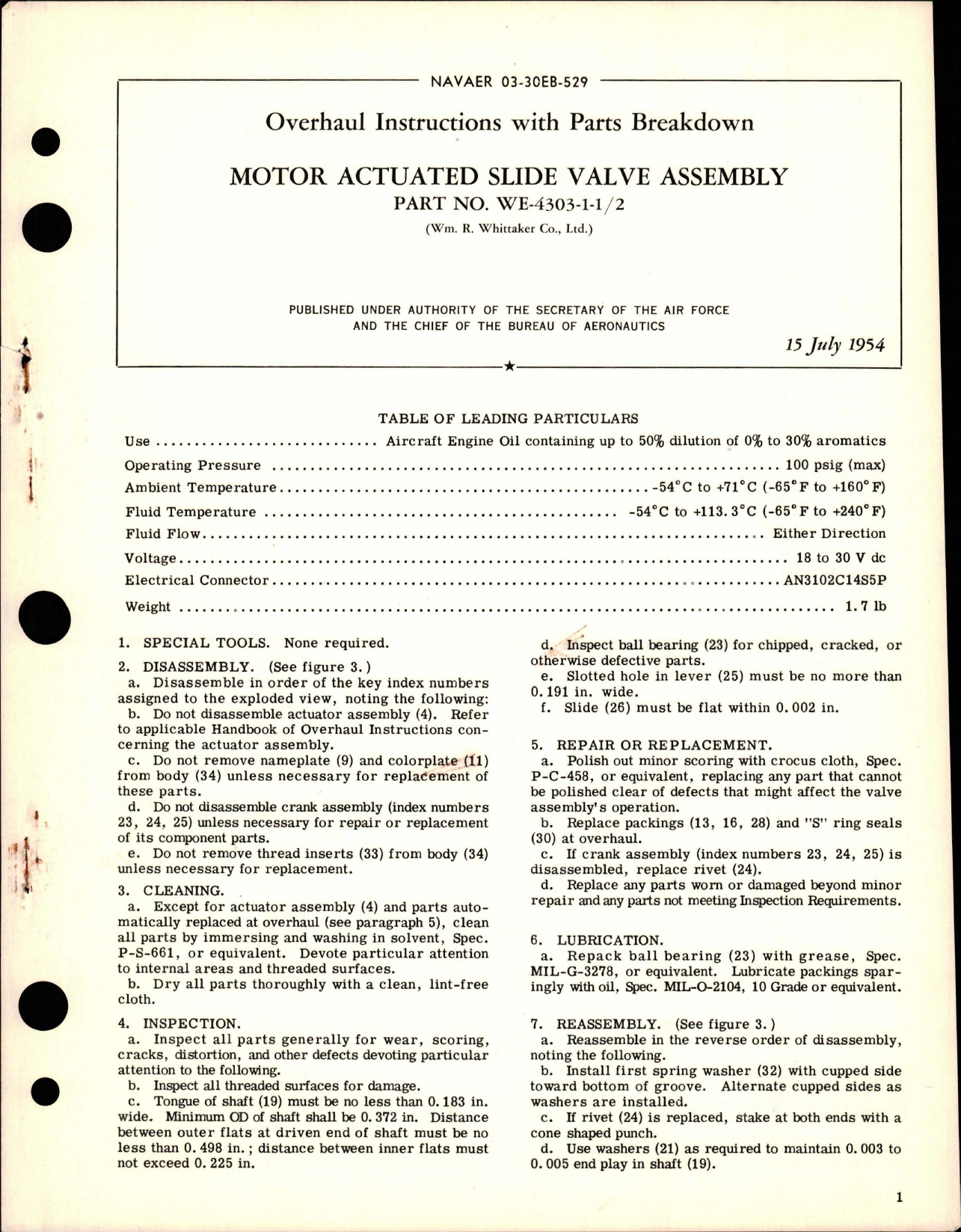 Sample page 1 from AirCorps Library document: Overhaul Instructions with Parts for Motor Actuated Slide Valve Assembly - Part WE-4303-1 1/2 
