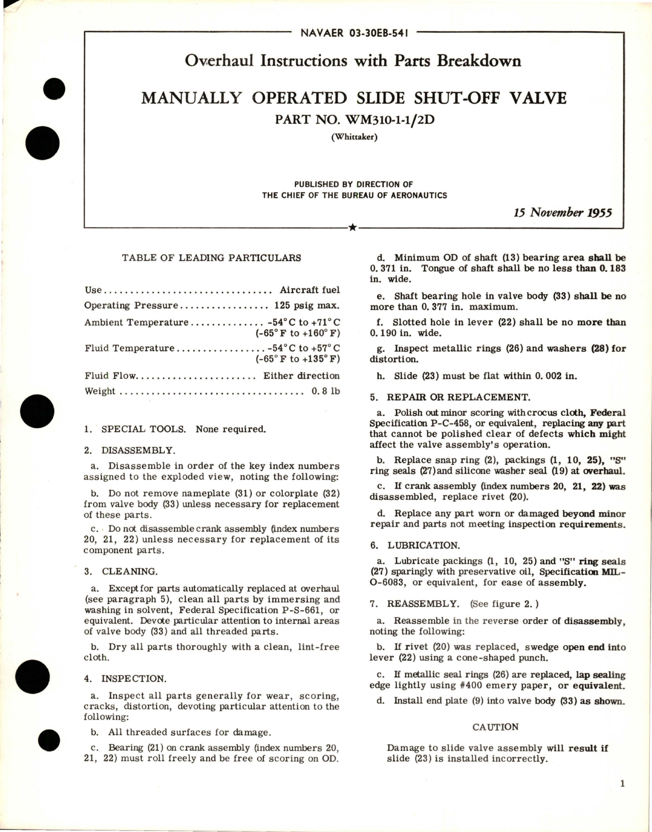 Sample page 1 from AirCorps Library document: Overhaul Instructions with Parts for Manually Operated Slide Shut Off Valve - Part WM310-1-1/2D