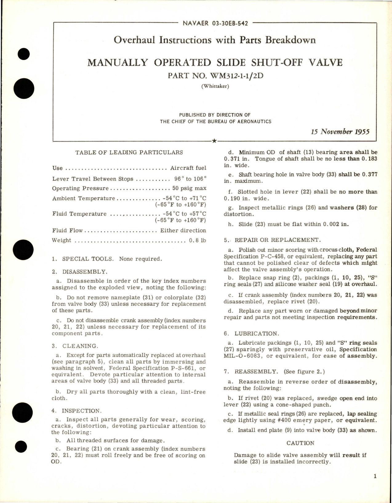 Sample page 1 from AirCorps Library document: Overhaul Instructions with Parts for Manually Operated Slide Shut Off Valve - Part WM312-1-1/2D