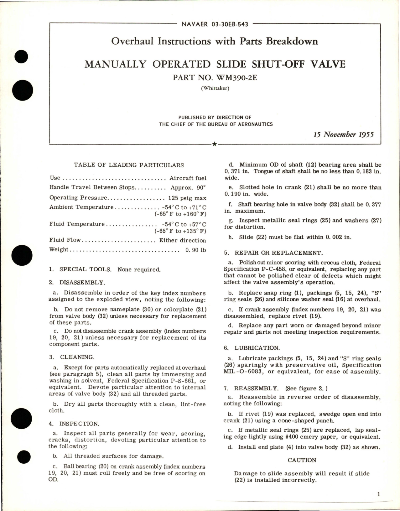 Sample page 1 from AirCorps Library document: Overhaul Instructions with Parts for Manually Operated Slide Shut Off Valve - Part WM390-2E
