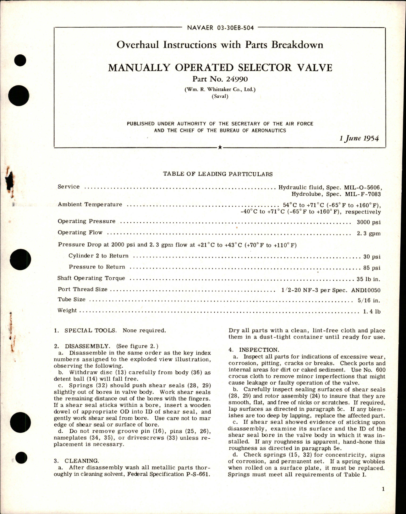 Sample page 1 from AirCorps Library document: Overhaul Instructions with Parts for Manually Operated Selector Valve - Part 24990